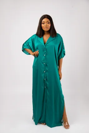 FOLA ADIRE FRINGE DRESS WITH TEAL TONE