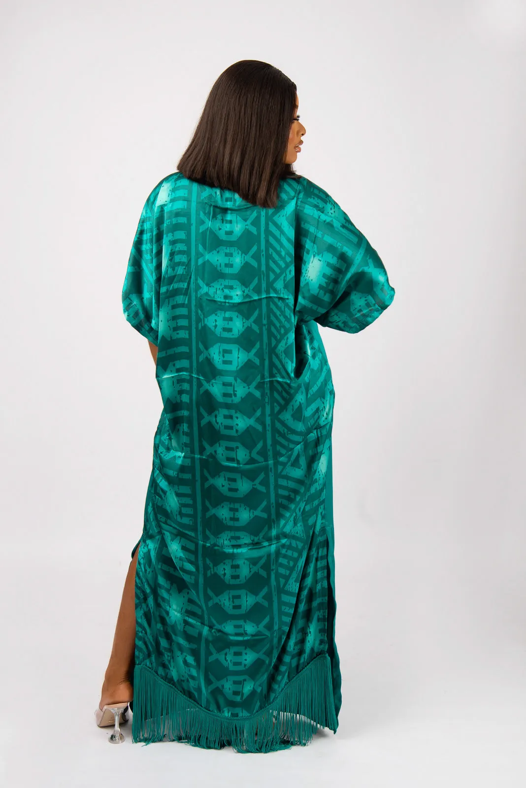 FOLA ADIRE FRINGE DRESS WITH TEAL TONE