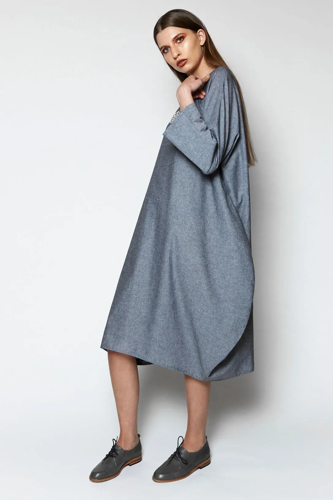 FULL MOON DRESS [ Grey Cotton, Long Sleeves, Bubble Hem ]