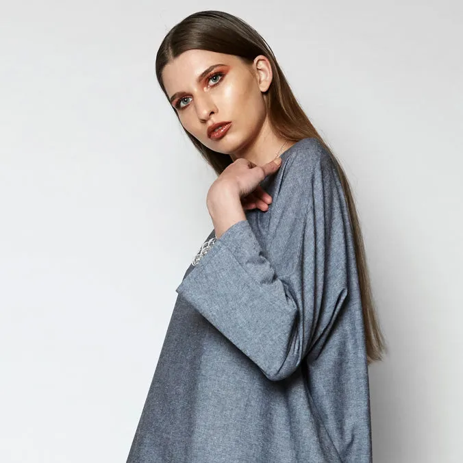 FULL MOON DRESS [ Grey Cotton, Long Sleeves, Bubble Hem ]