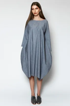 FULL MOON DRESS [ Grey Cotton, Long Sleeves, Bubble Hem ]