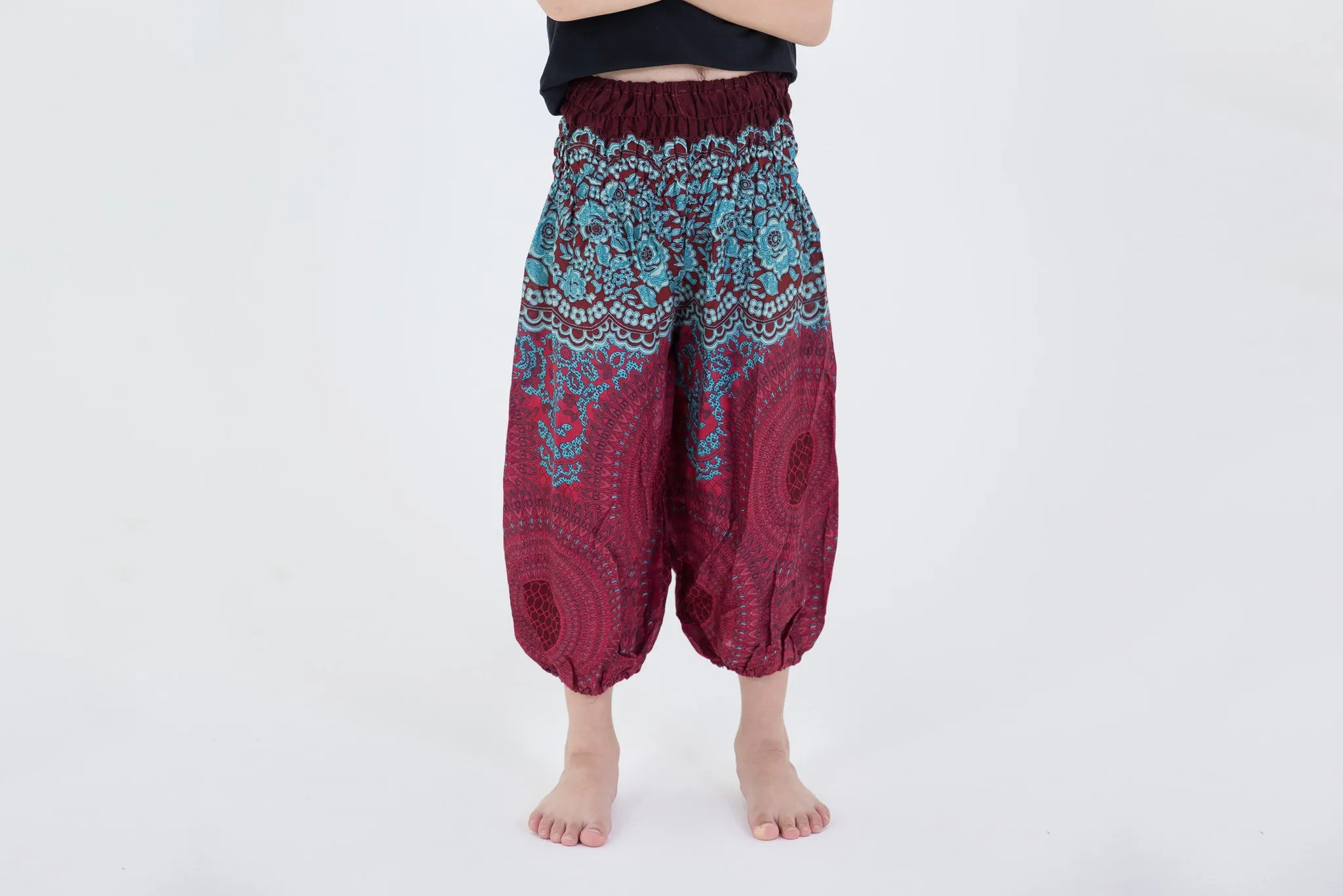 Geometric Mandalas Kids Harem Pants in Red