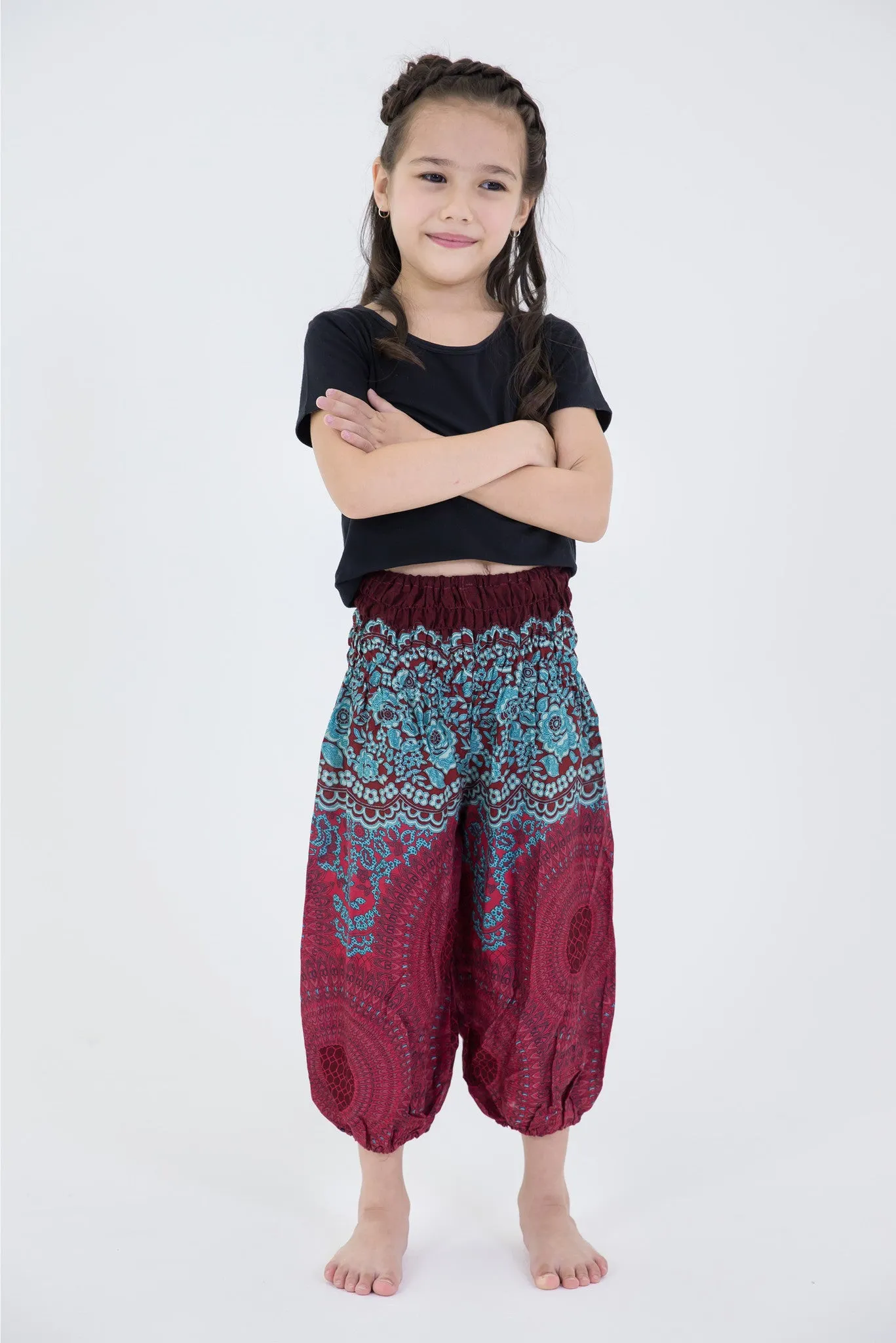 Geometric Mandalas Kids Harem Pants in Red