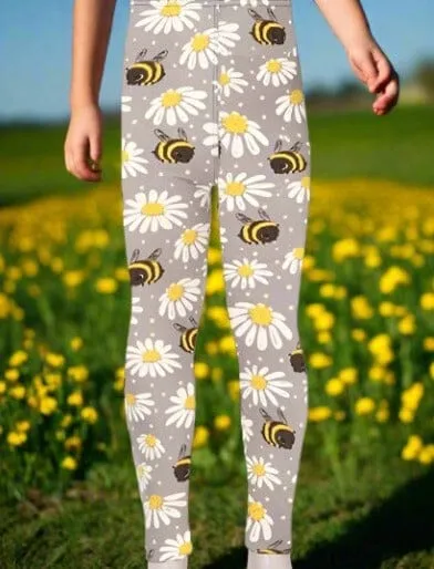 Girls Daisy Bee Leggings, Kids Yoga Pants, Sizes S/L, No-Roll Waist, Gray/Yellow