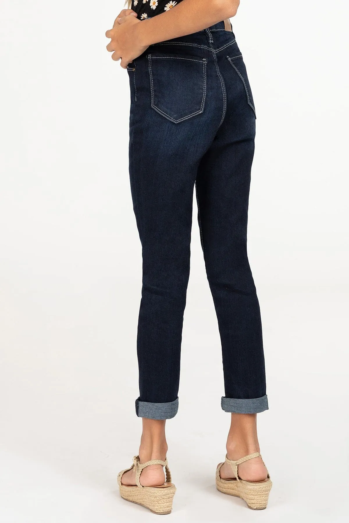 Girls High-Waisted Button-Fly Denim Ankle Jeans with Rolled Cuffs