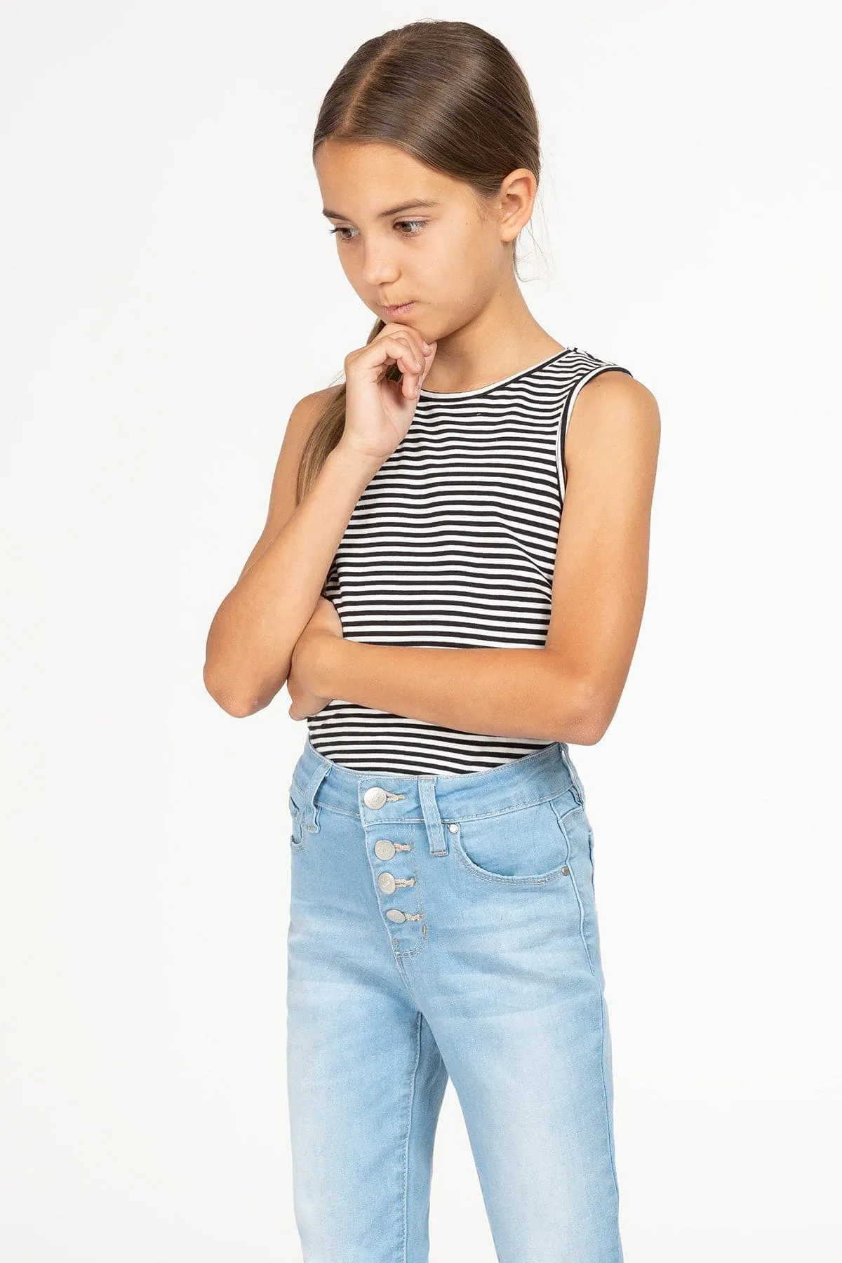 Girls High-Waisted Button-Fly Denim Ankle Jeans with Rolled Cuffs