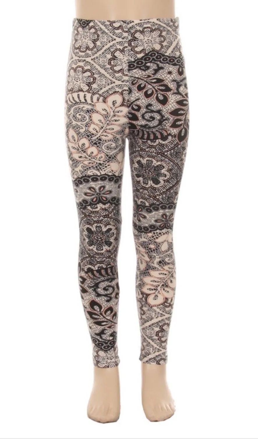 Girls Paisley Lace Leggings, Kids Yoga Pants, Sizes S/L, No-Roll Waist, Beige/Black