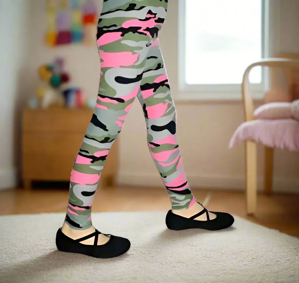 Girls Pink Camouflage Leggings, Kids Yoga Pants, Sizes S/L, No-Roll Waist, Pink/Gray