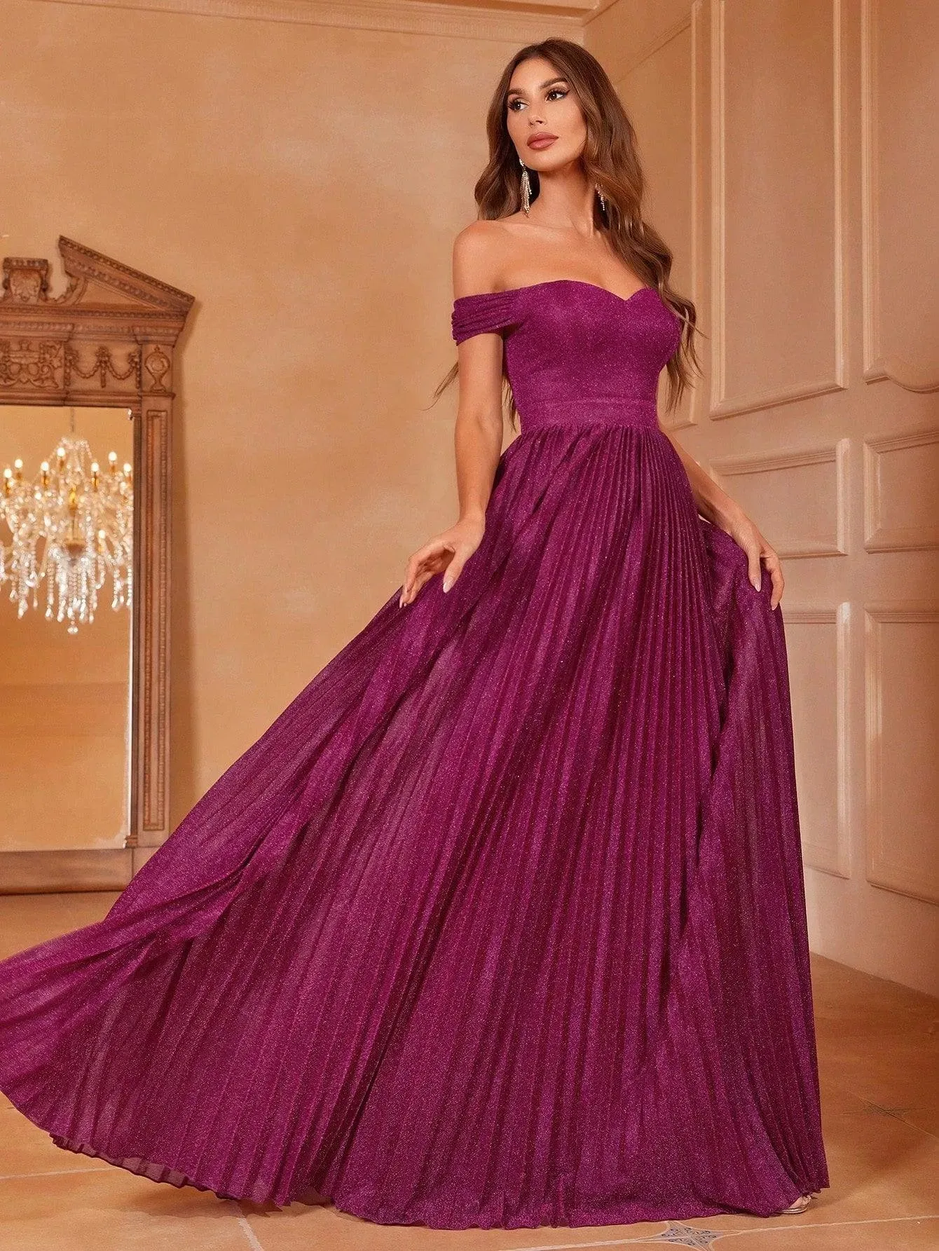 Glitter Off Shoulder Pleated Prom Dress