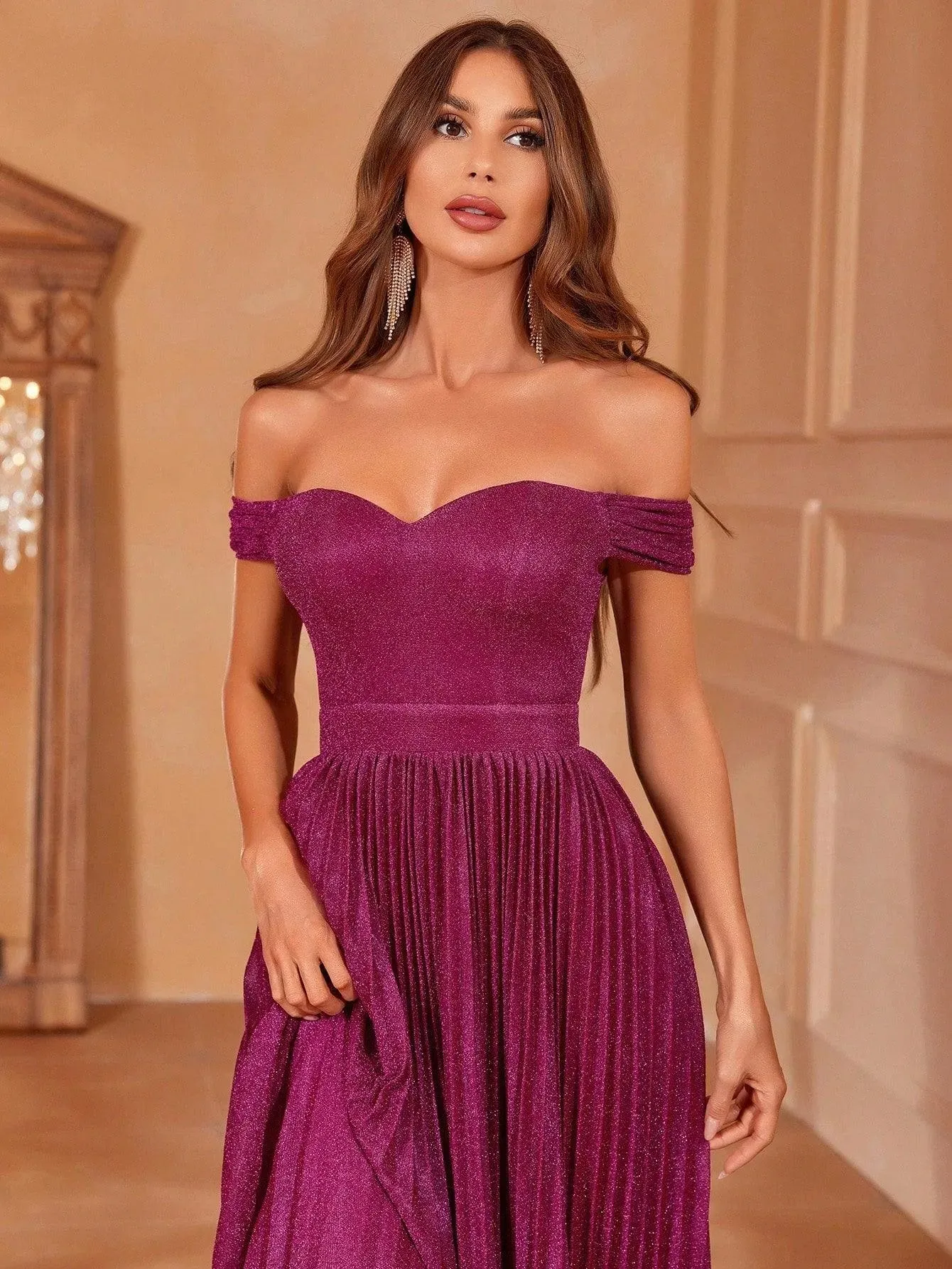 Glitter Off Shoulder Pleated Prom Dress