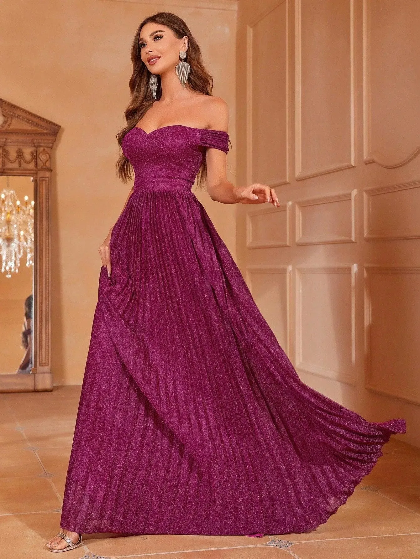 Glitter Off Shoulder Pleated Prom Dress