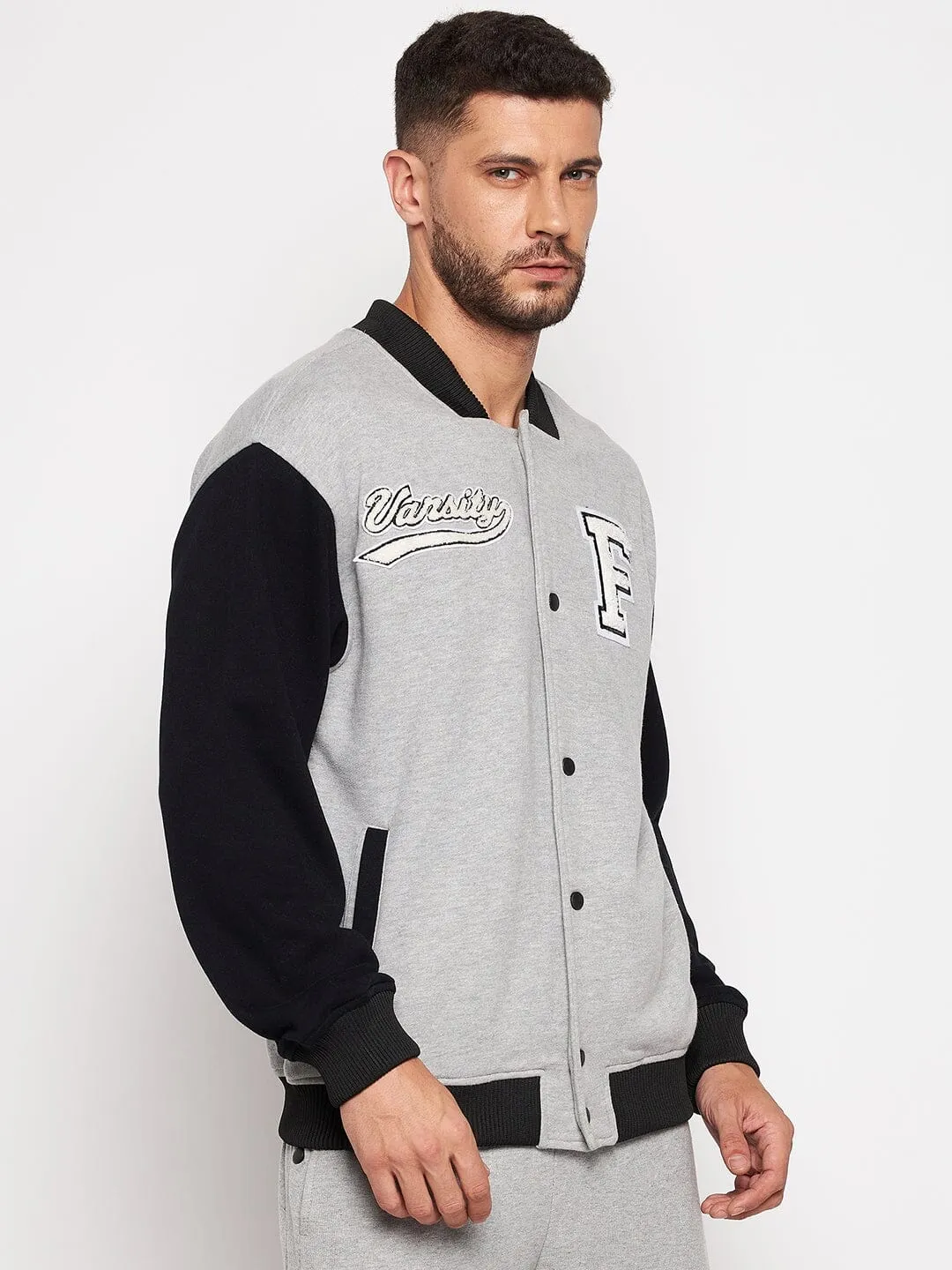 Grey And Black Fleece Varsity Jacket