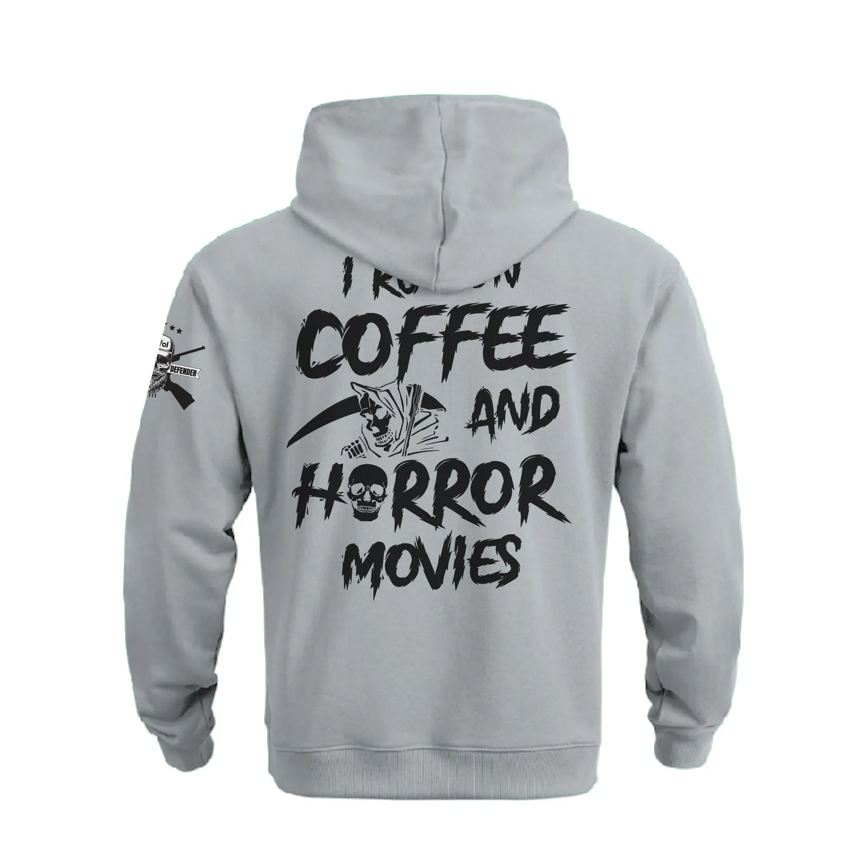 I RUN ON COFFEE AND HORROR MOVIES COTTON  GRAPHIC POCKET HOODIE