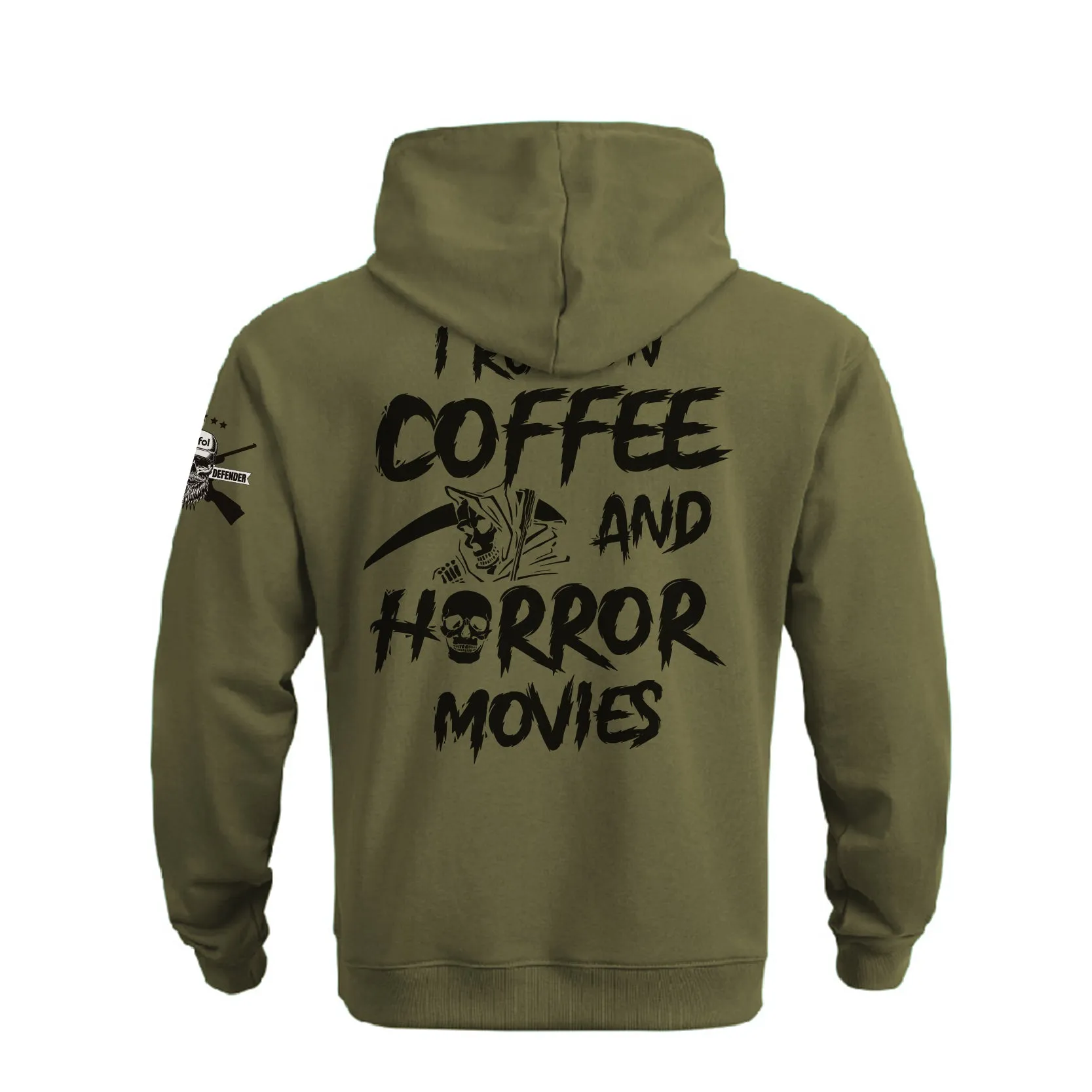 I RUN ON COFFEE AND HORROR MOVIES COTTON  GRAPHIC POCKET HOODIE