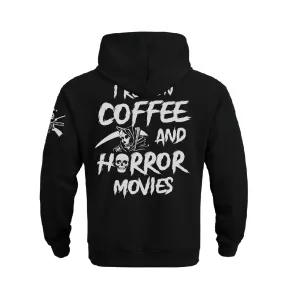 I RUN ON COFFEE AND HORROR MOVIES COTTON  GRAPHIC POCKET HOODIE