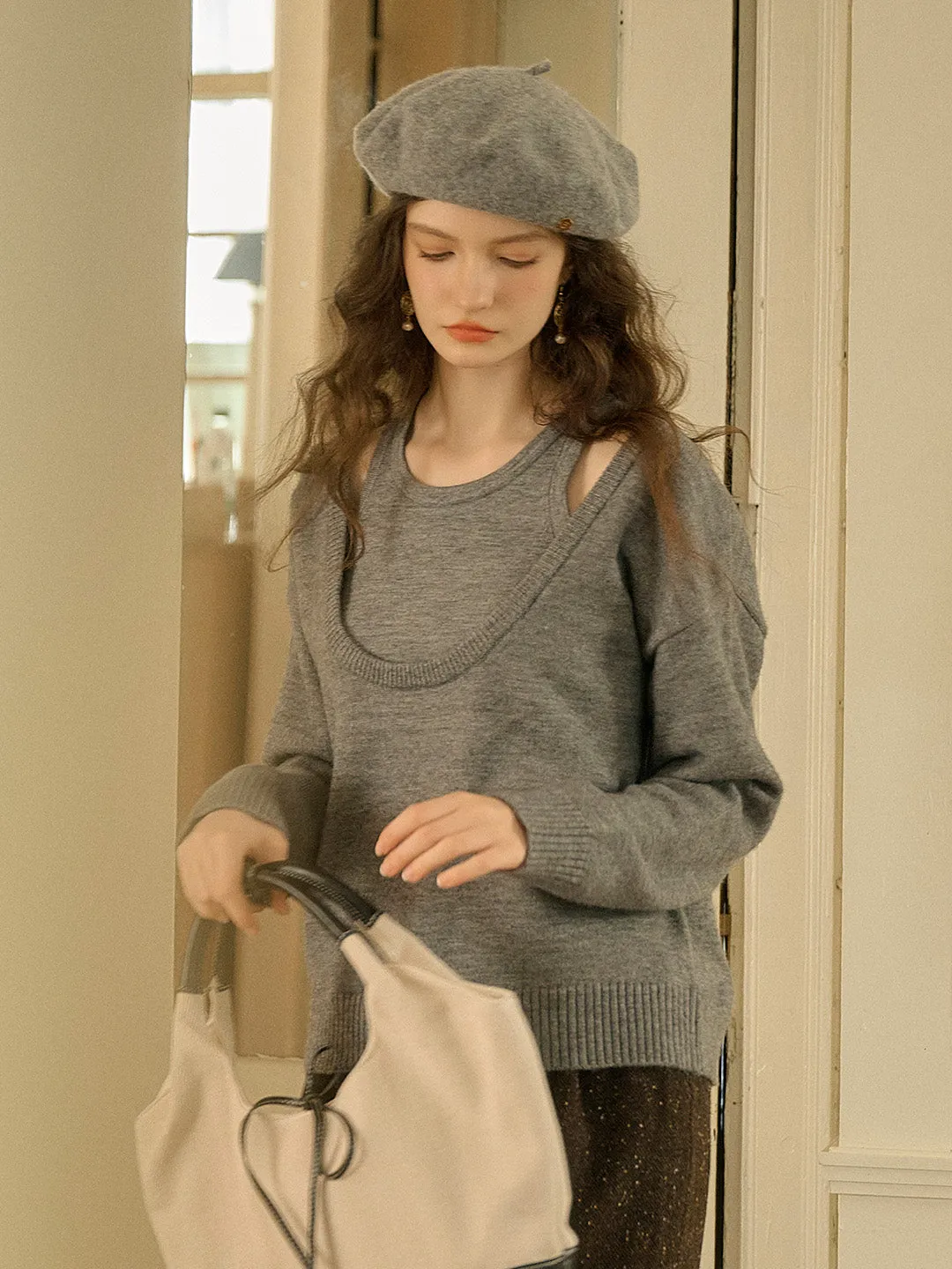 Jream Classic Gray U Neck Two-Piece Knitted Top