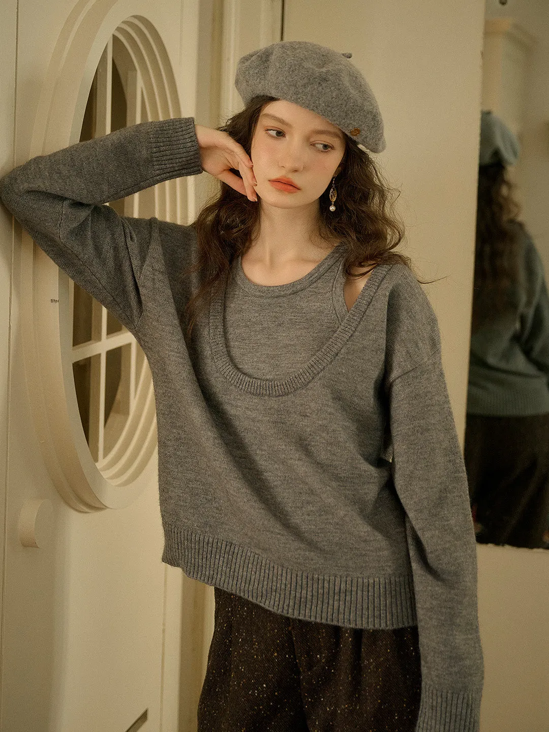 Jream Classic Gray U Neck Two-Piece Knitted Top