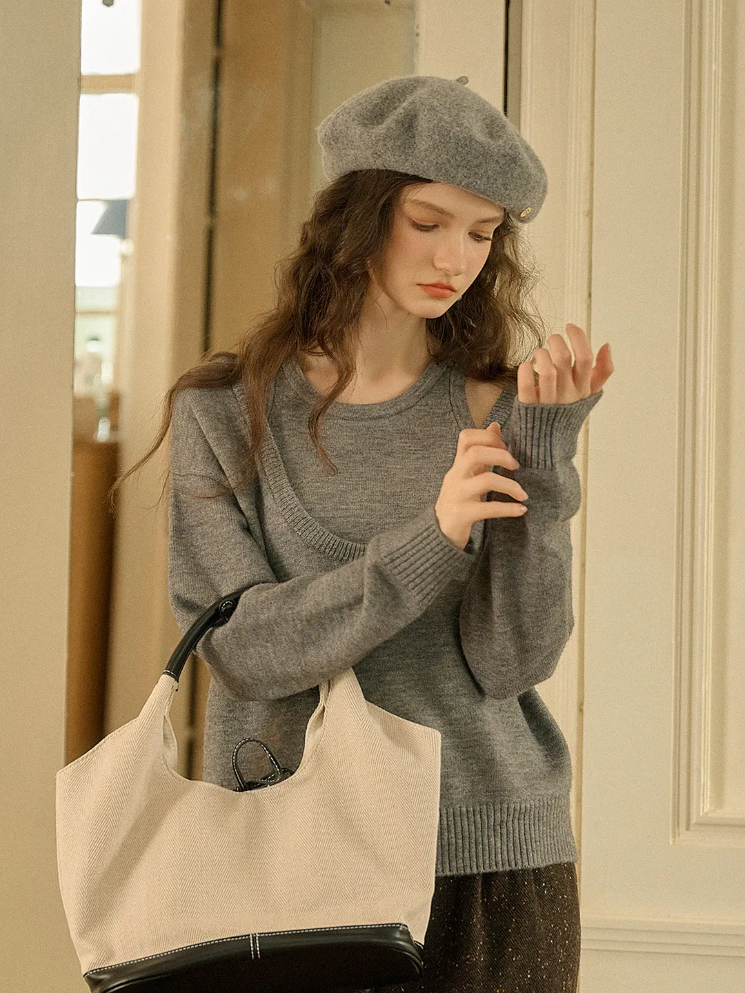 Jream Classic Gray U Neck Two-Piece Knitted Top