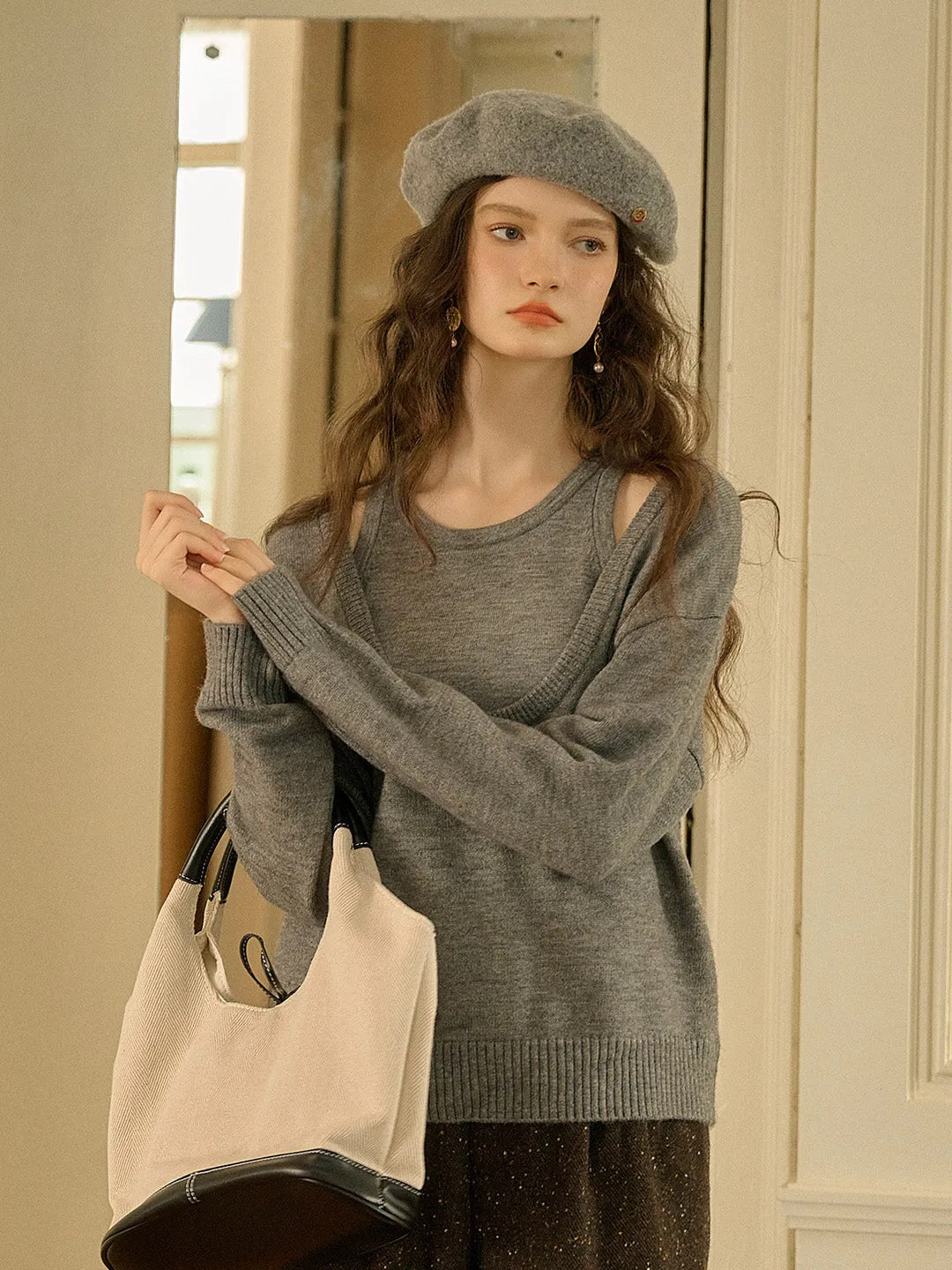 Jream Classic Gray U Neck Two-Piece Knitted Top