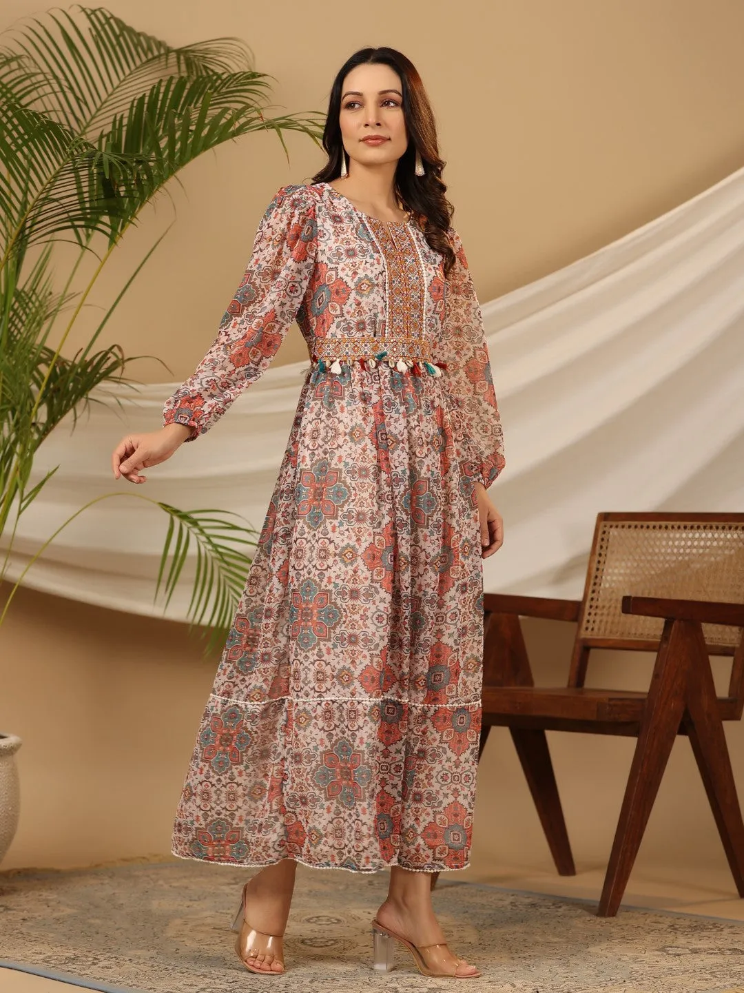 Juniper Multi-Colour Ethnic Motif Printed Chiffon Maxi Dress With Mirror Work