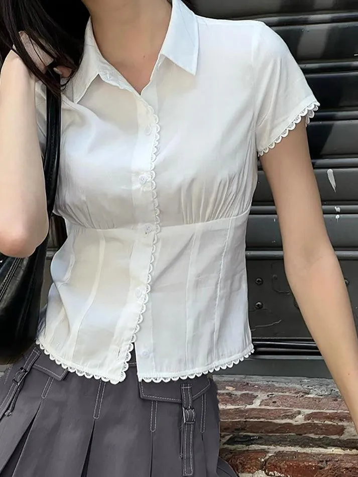 Lace Patchwork Pleated Slim Short Sleeves Shirts