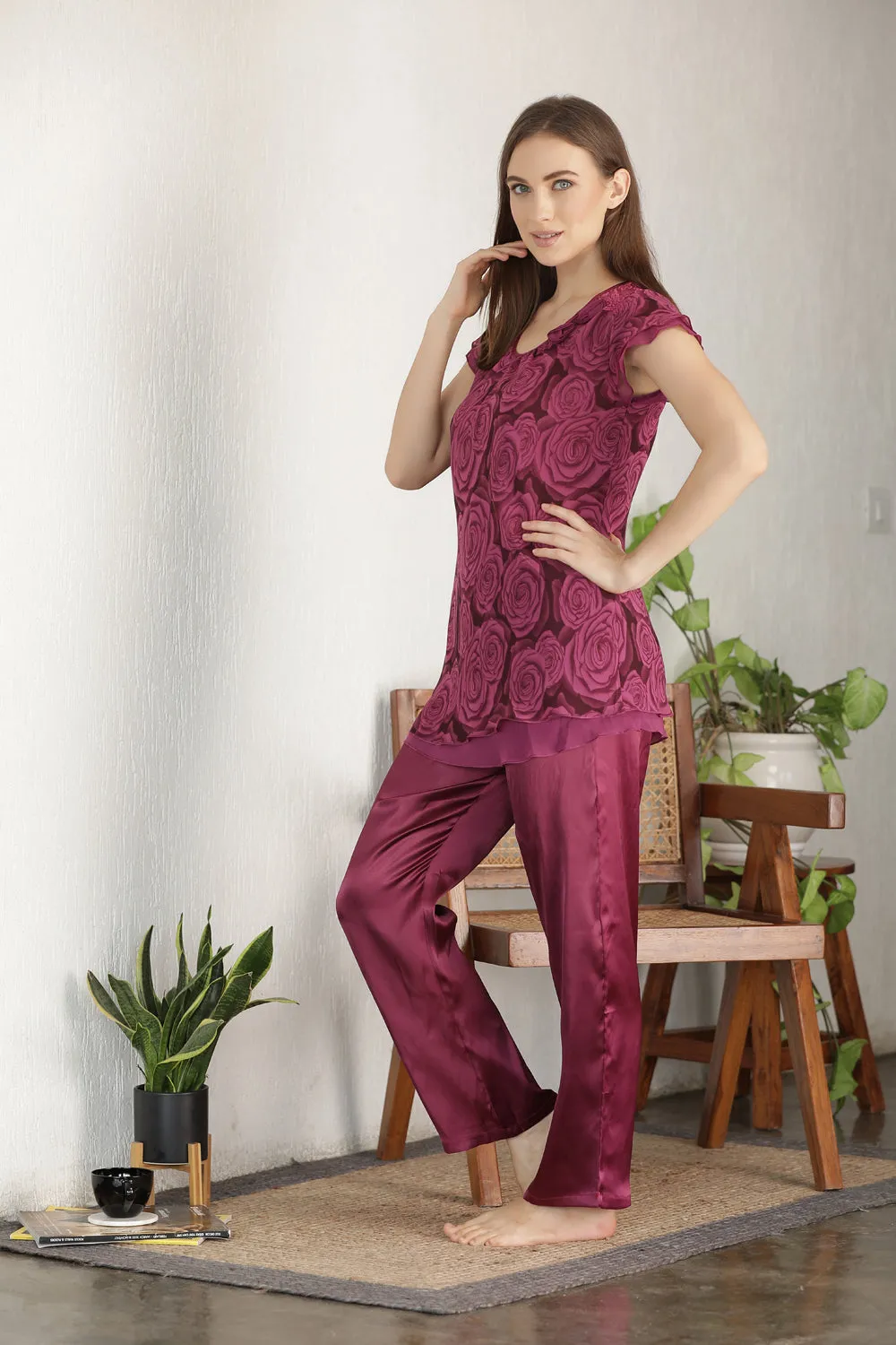 Layered chiffon & Satin Night suit