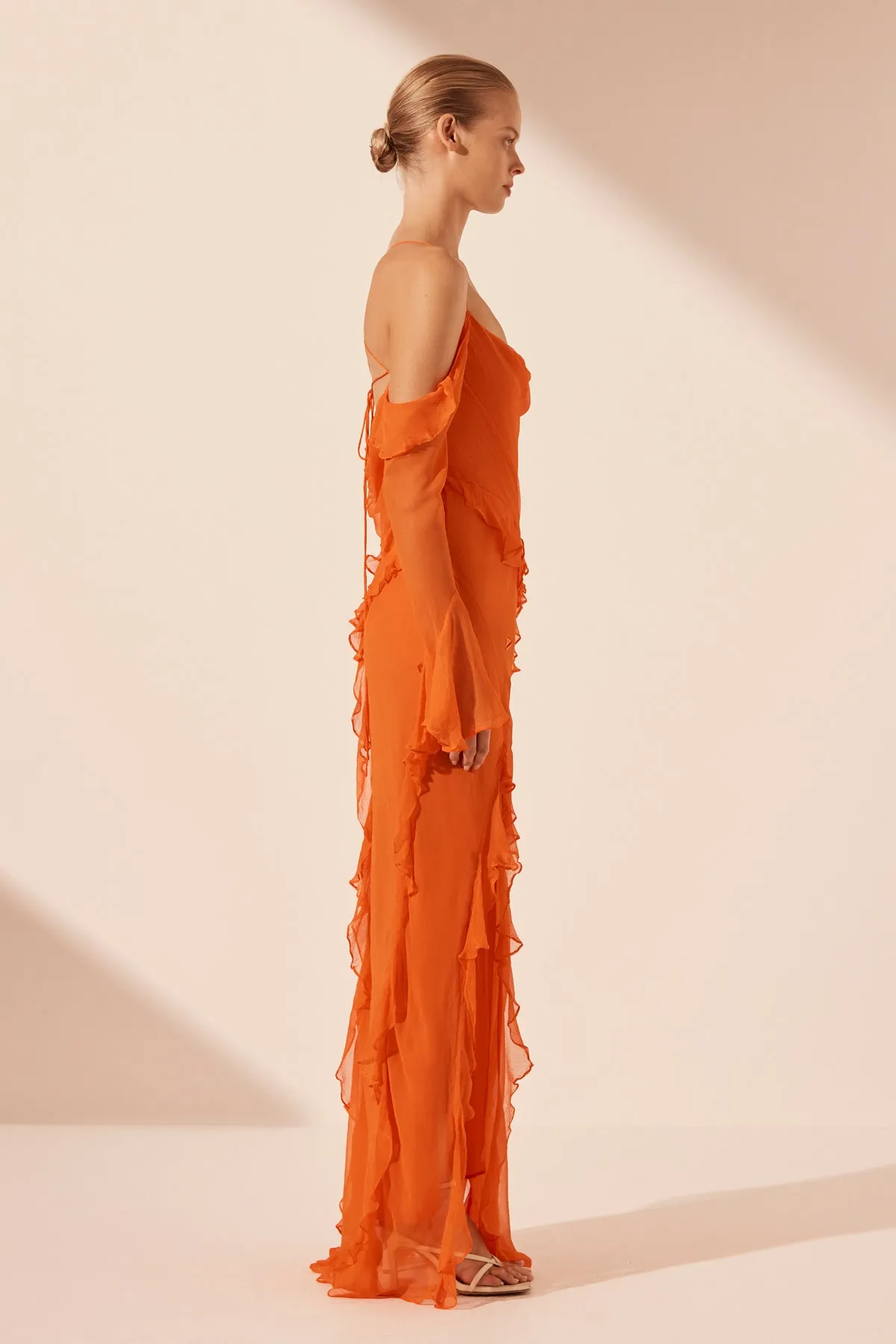 LAYLA LONG SLEEVE RUFFLE MAXI DRESS - FLAME ORANGE