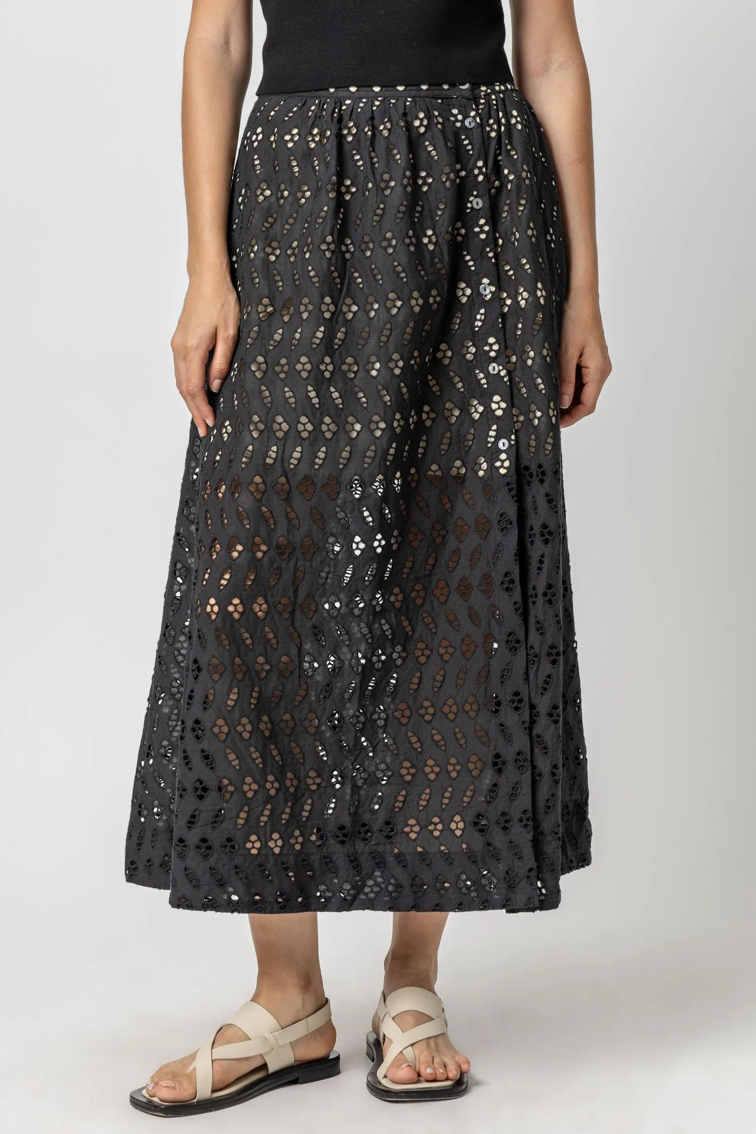 Lilla P Eyelet Side-Button Maxi Skirt in Black