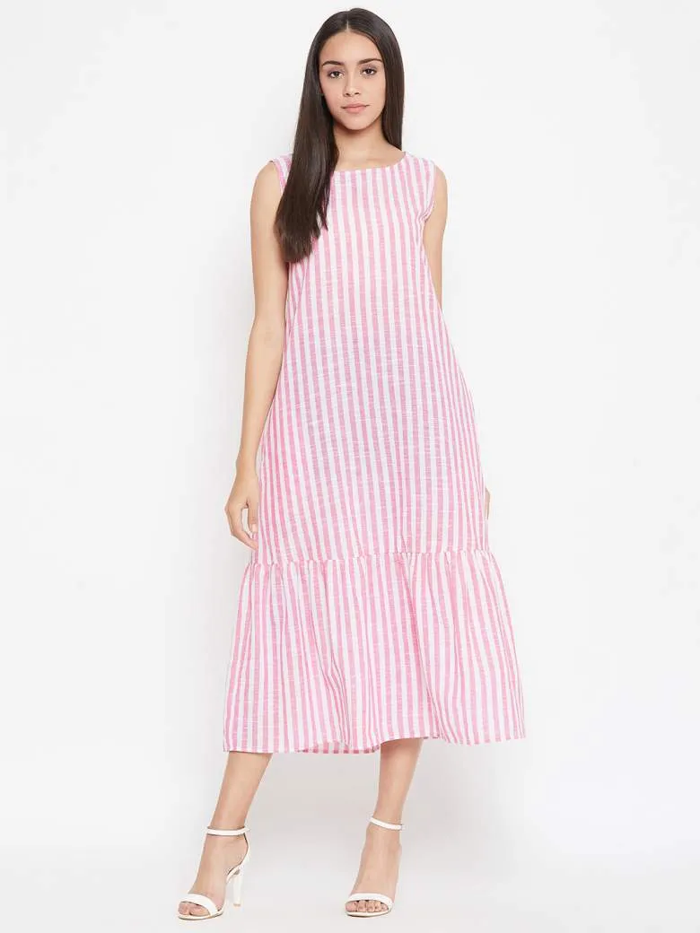 Long Pink Striped Dress In Cotton