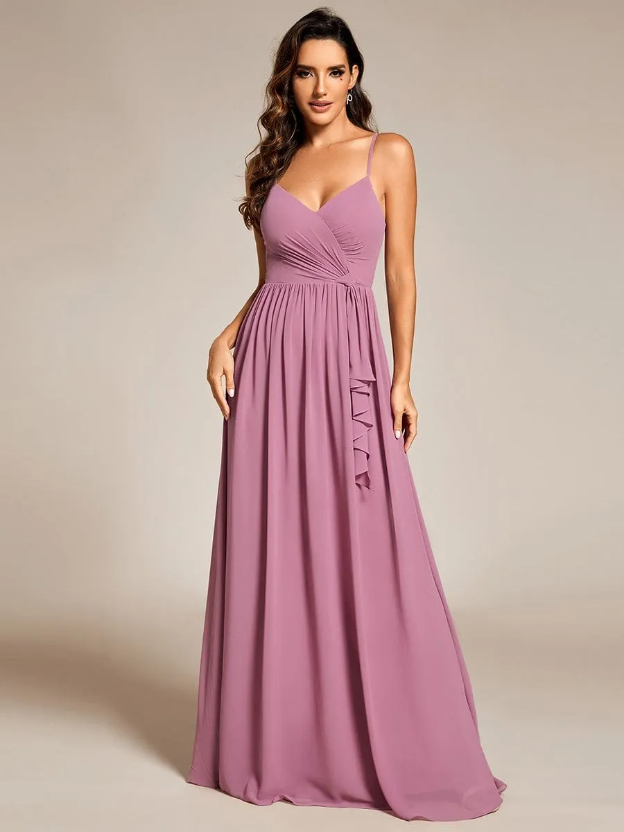 Maxi Sleeveless Pleated Chiffon Bridesmaid Dress with Lotus Leaf