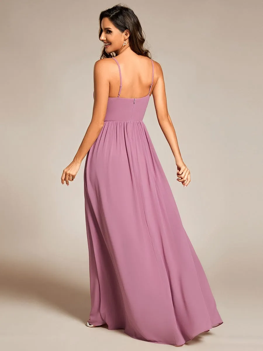 Maxi Sleeveless Pleated Chiffon Bridesmaid Dress with Lotus Leaf