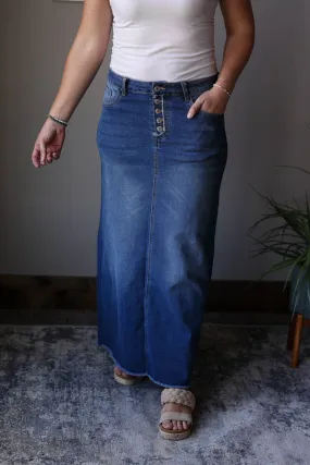 Maxine Button Fly Long Denim Skirt