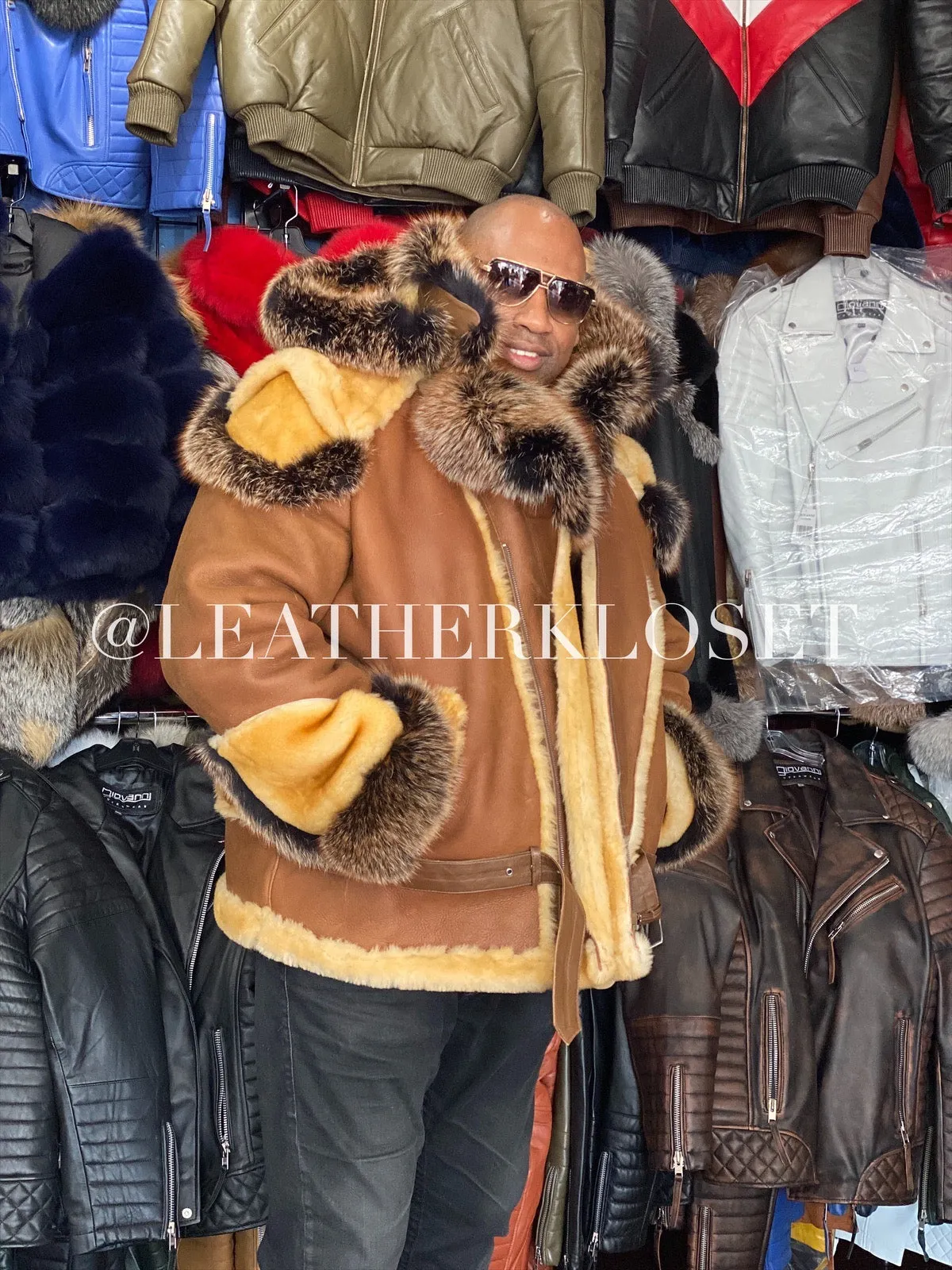 Mens Andre Shearling Biker With Fox