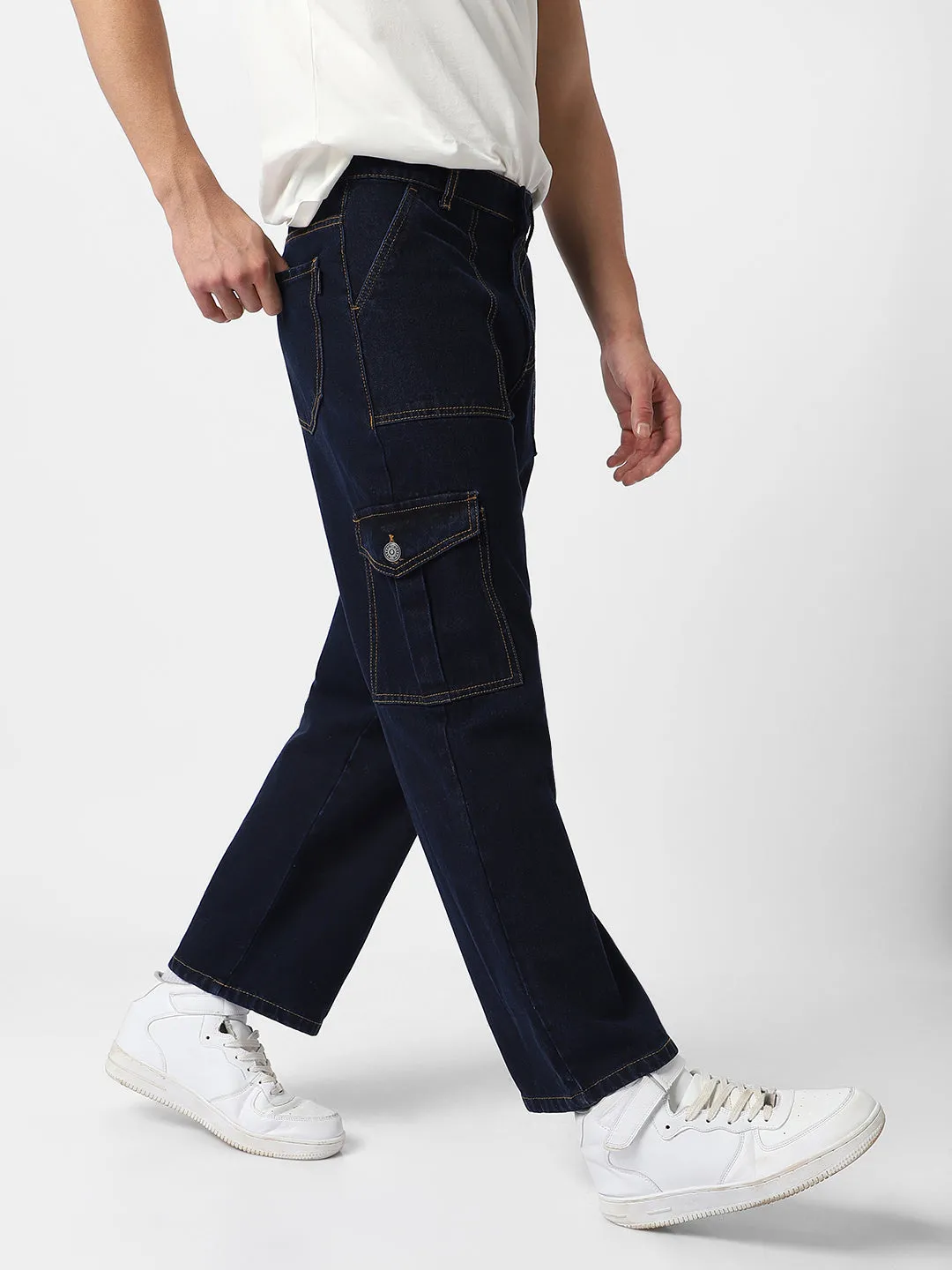 Men's Dark Blue Loose Baggy Fit Cargo Jeans with 6 Pockets Non-Stretchable