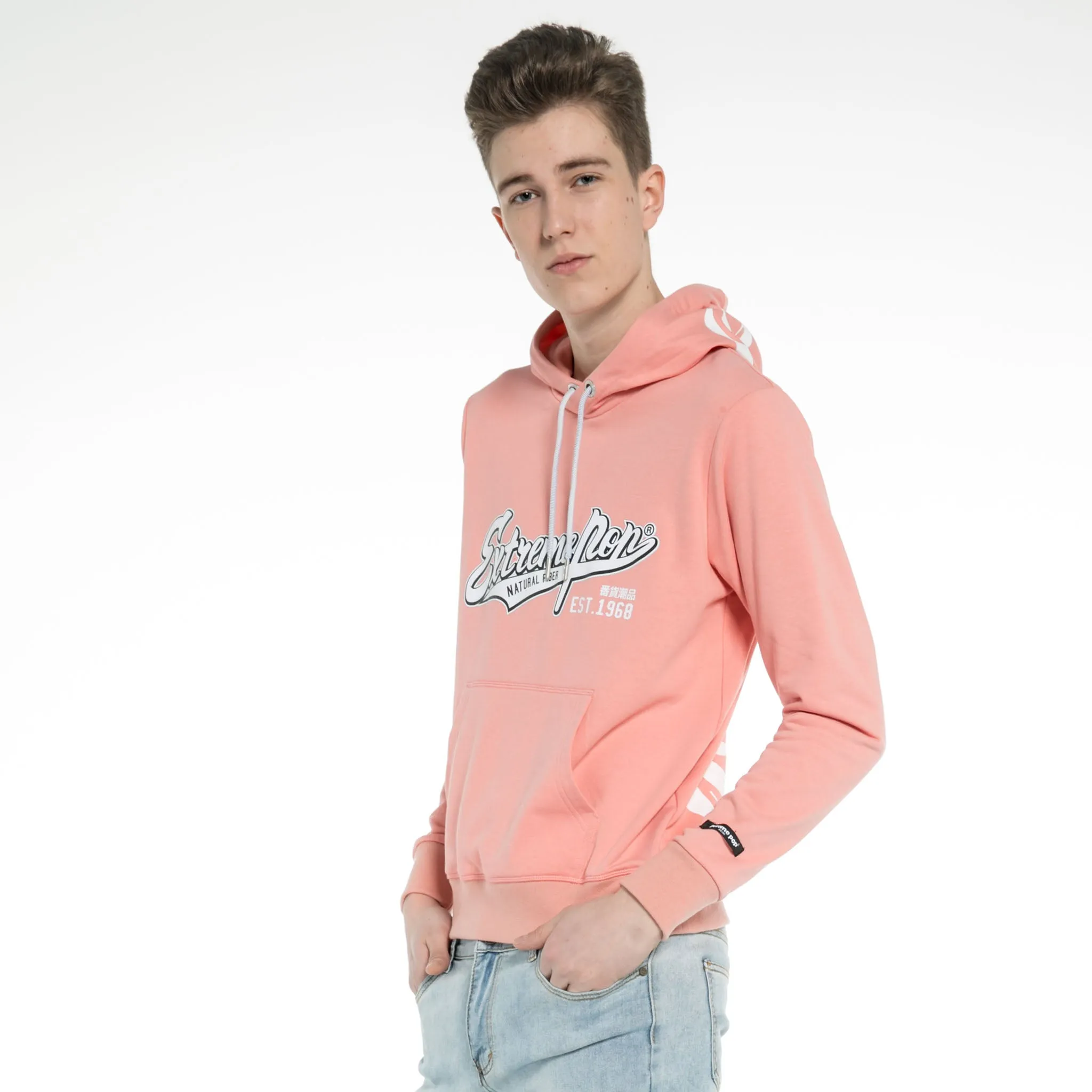 Mens Fitted Pullover Soft Pink Black Hooded Sweatshirt Stretch Jumper