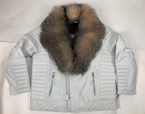 Men's Jay Biker Jacket White With Full Crystal Fox Collar