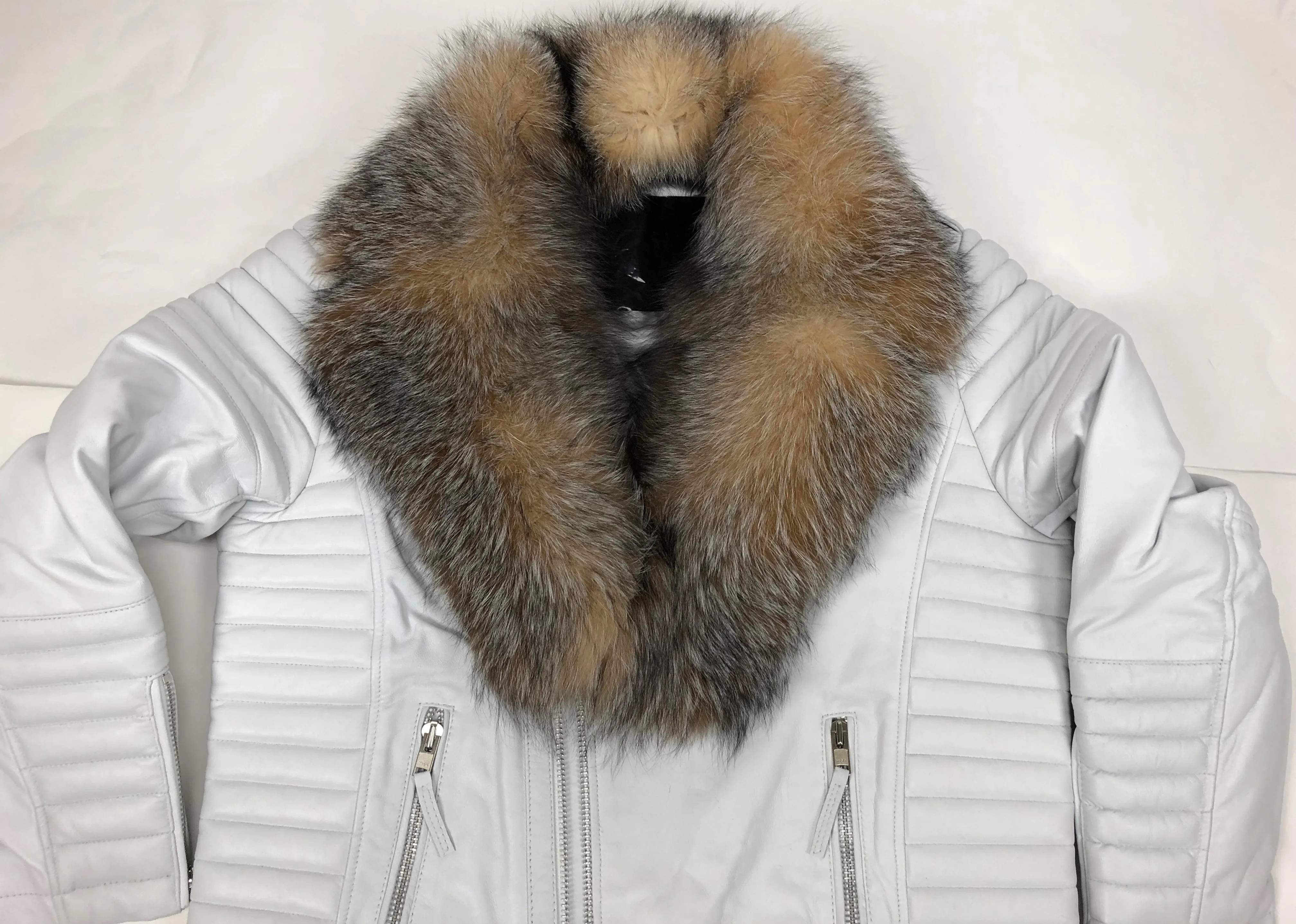 Men's Jay Biker Jacket White With Full Crystal Fox Collar