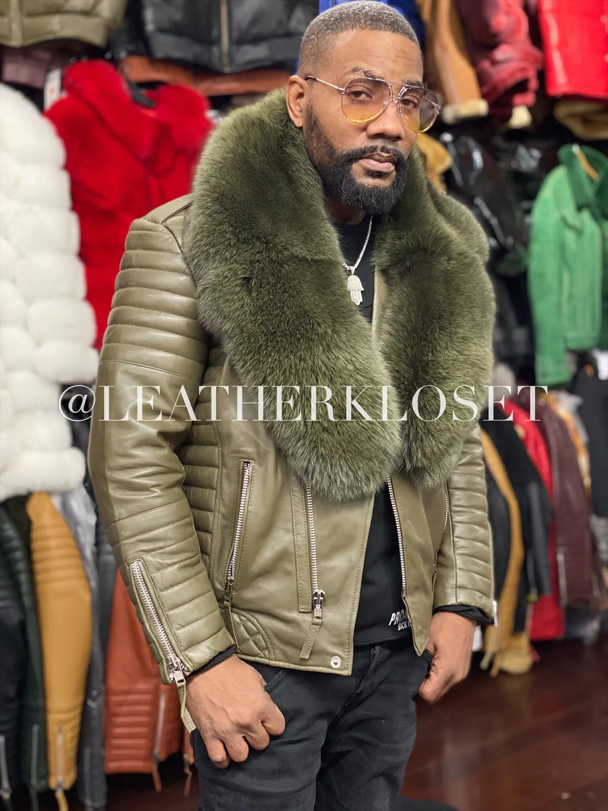 Men's Jay Biker Olive Green With Full Fox Fur Collar