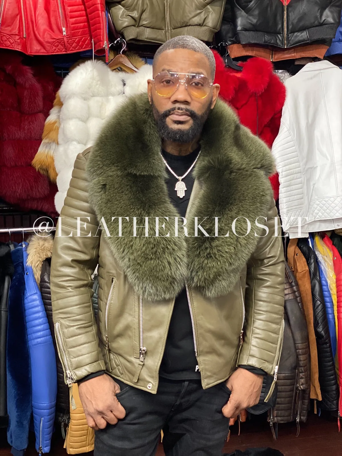 Men's Jay Biker Olive Green With Full Fox Fur Collar