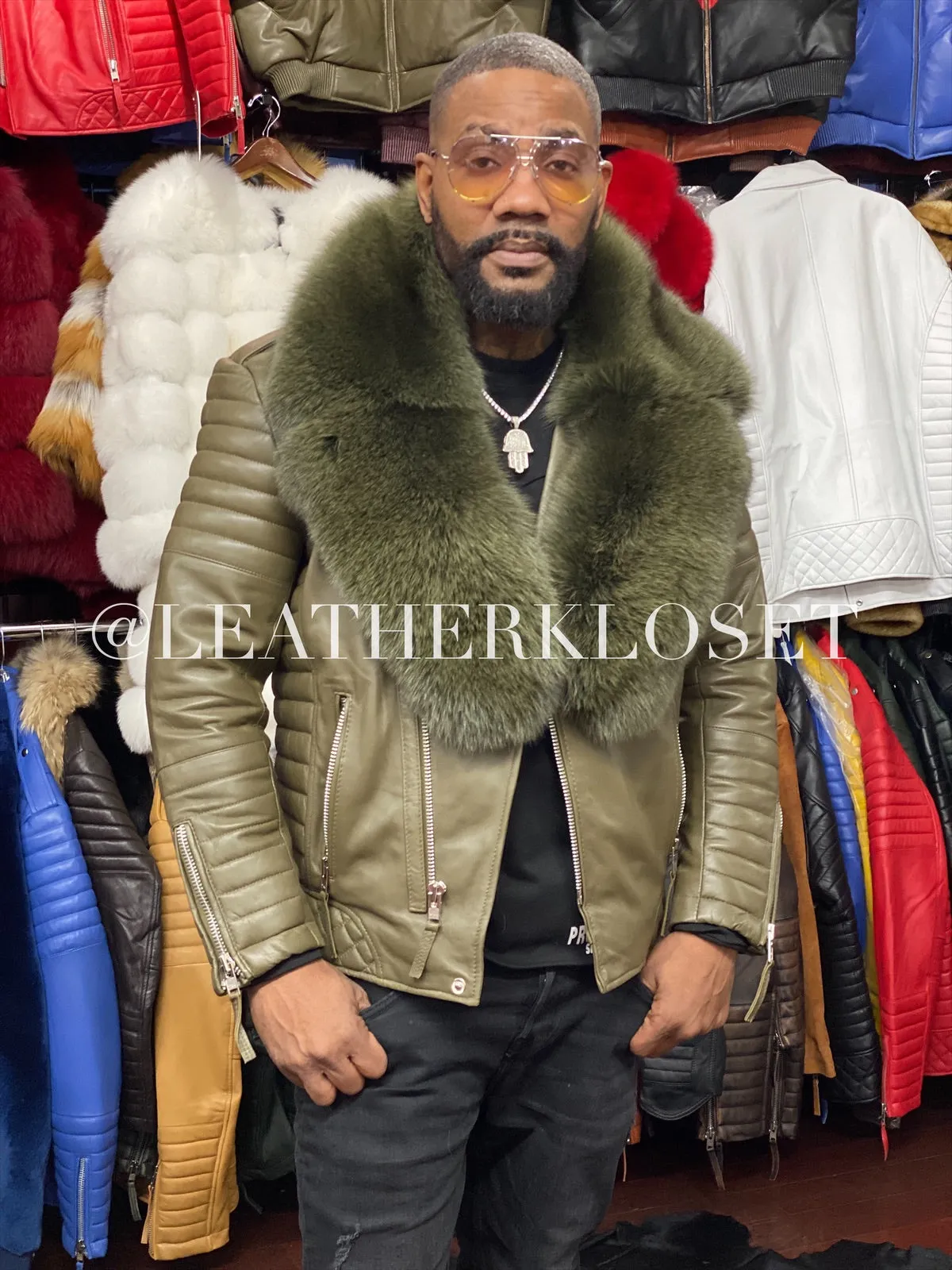 Men's Jay Biker Olive Green With Full Fox Fur Collar