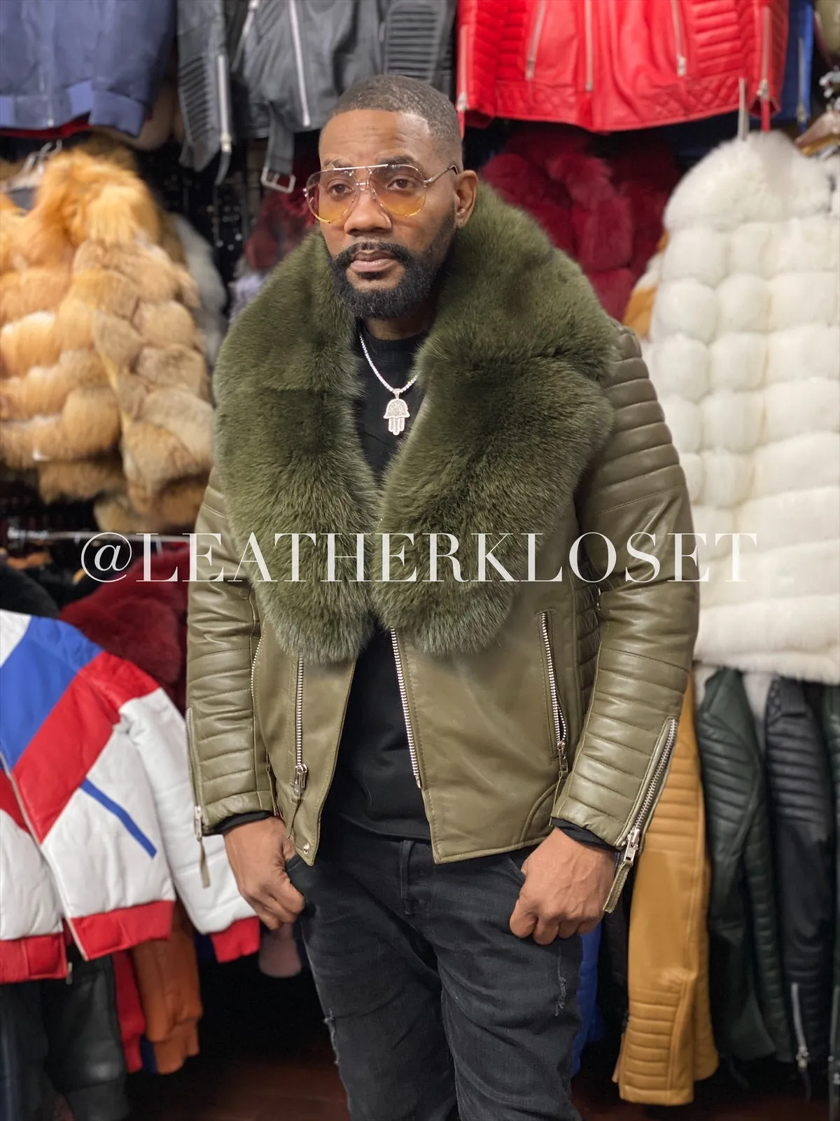 Men's Jay Biker Olive Green With Full Fox Fur Collar