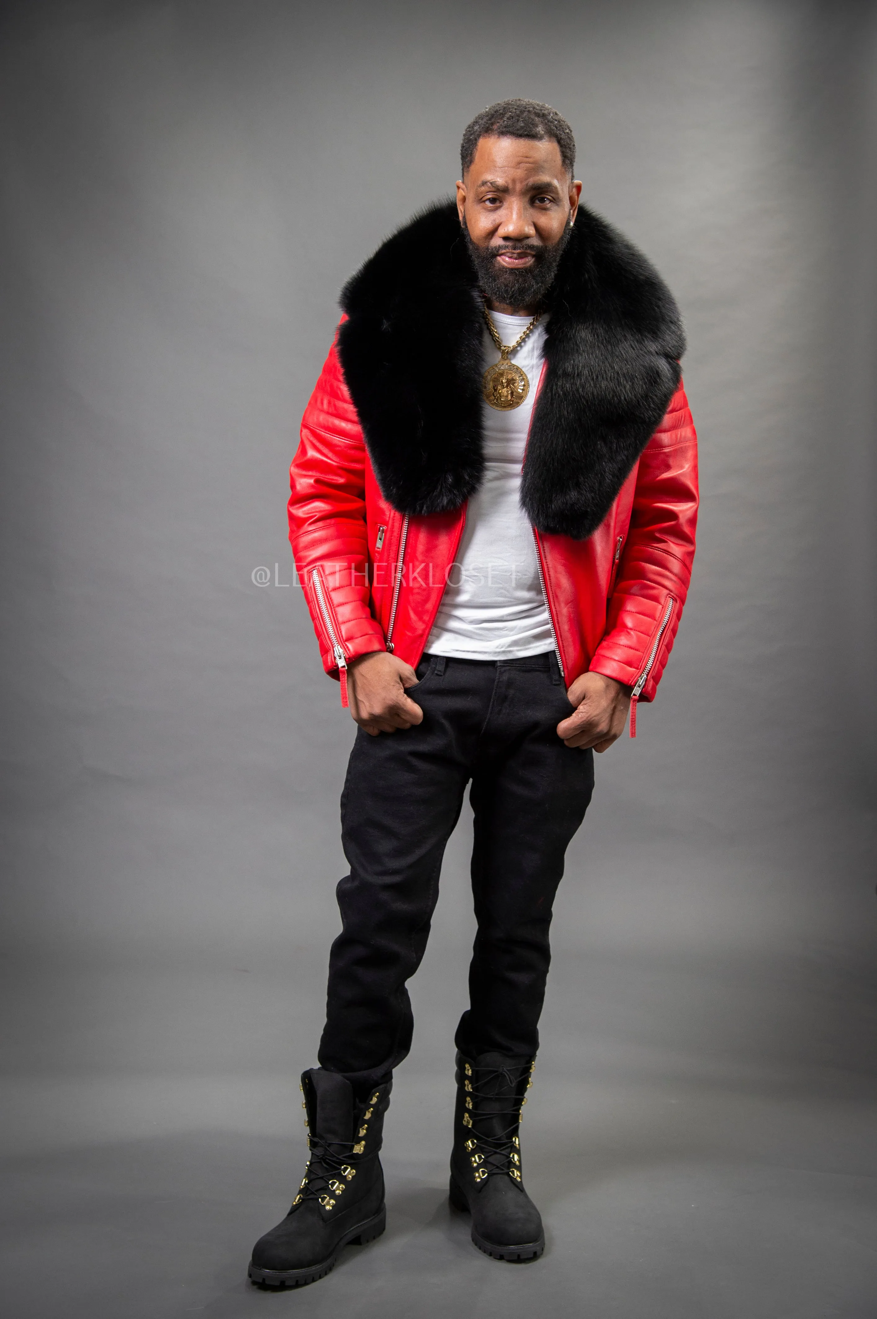 Men's Jay Biker Red With Full Fox Fur Collar [Black Fox]