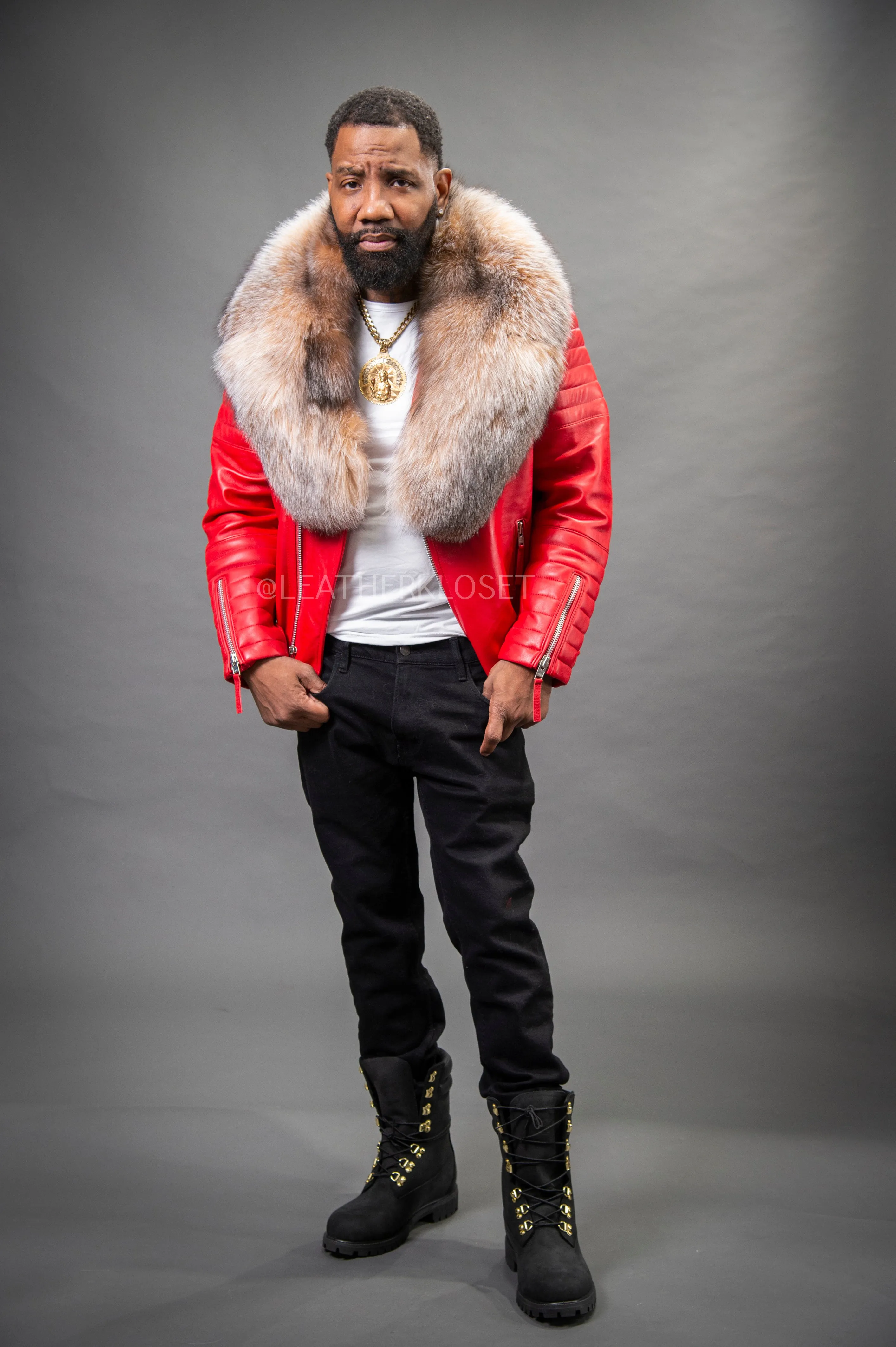 Men's Jay Biker Red With Full Fox Fur Collar [Crystal Fox]