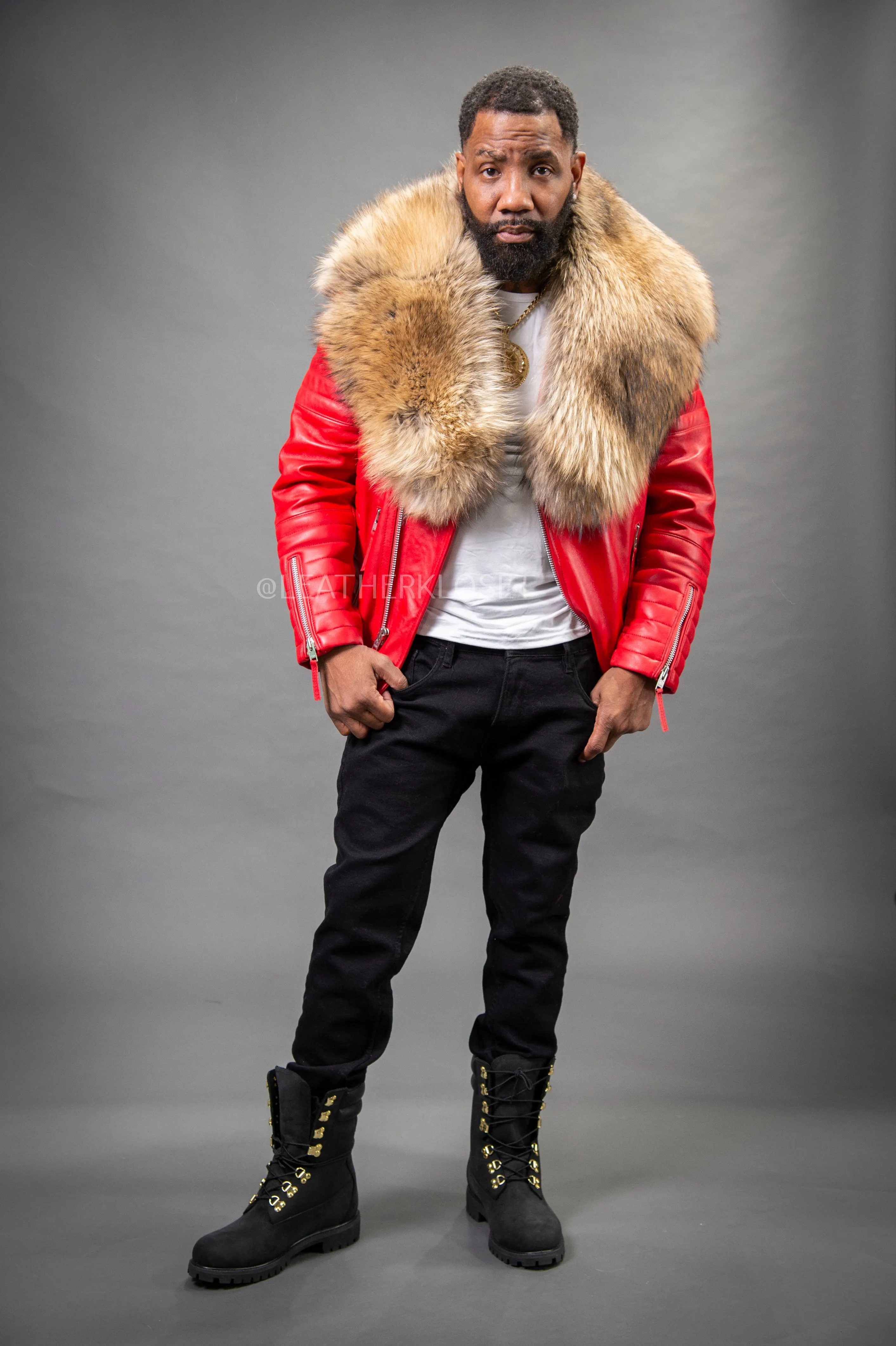 Men's Jay Biker Red With Full Raccoon Fur Collar [Raccoon Fur]