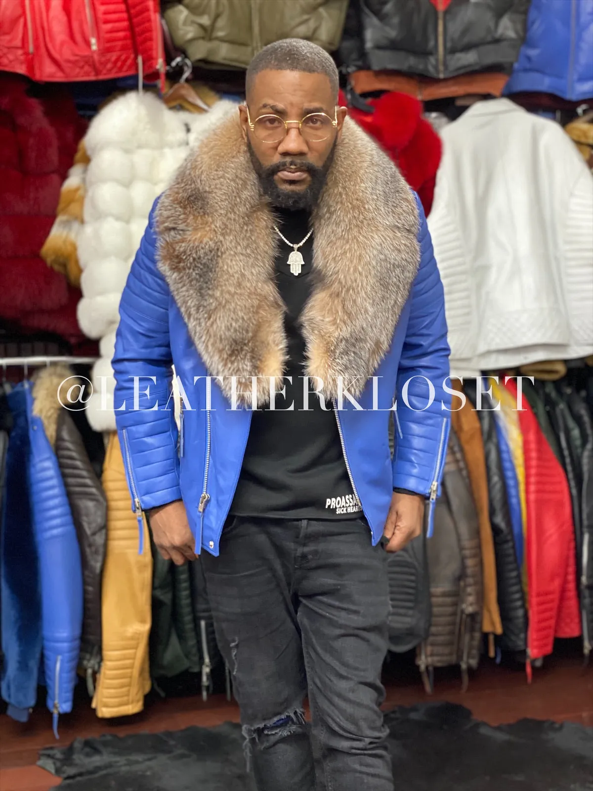 Men's Jay Biker Royal Blue With Full Fox Fur Collar