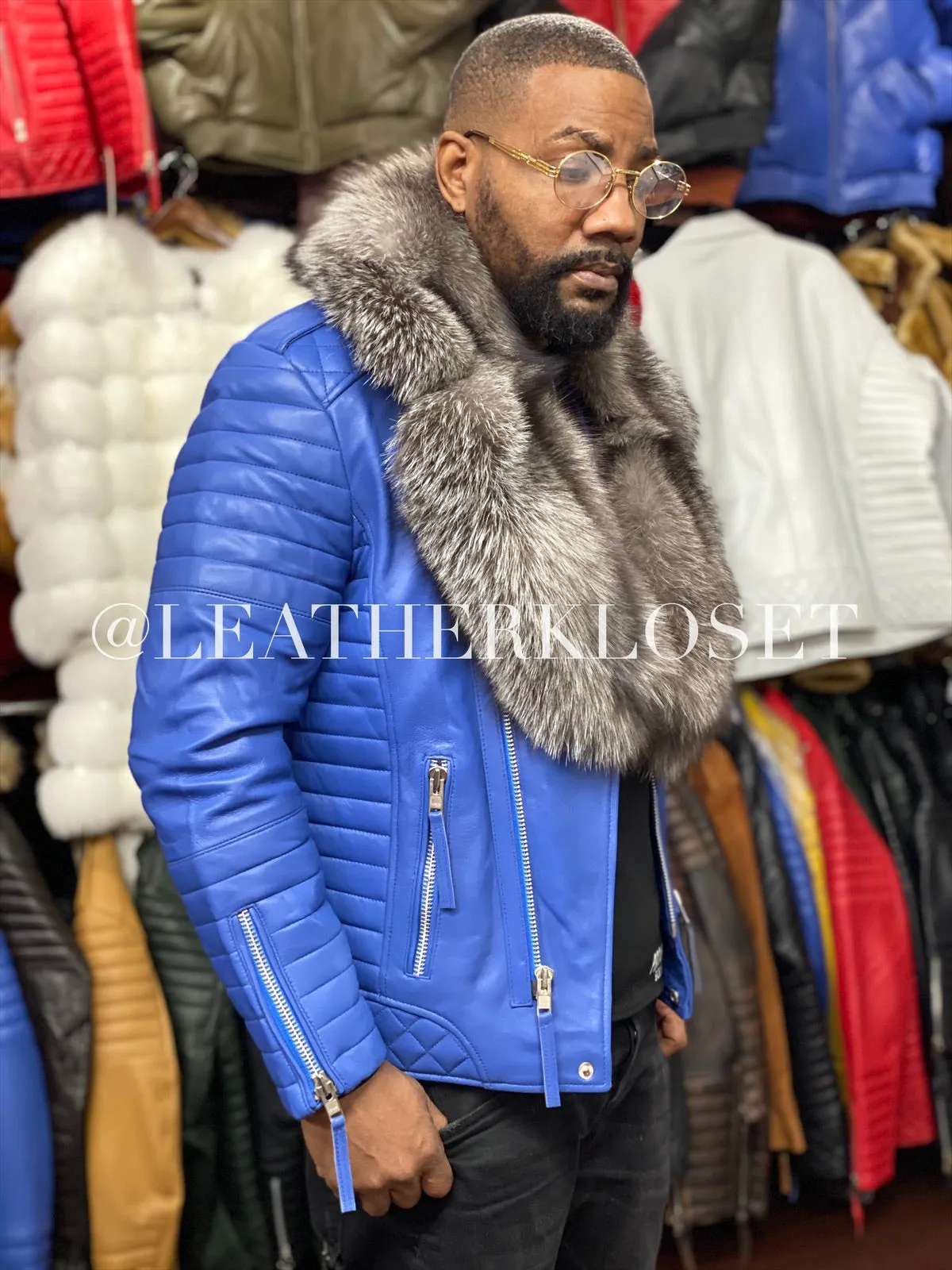 Men's Jay Biker Royal Blue With Full Fox Fur Collar