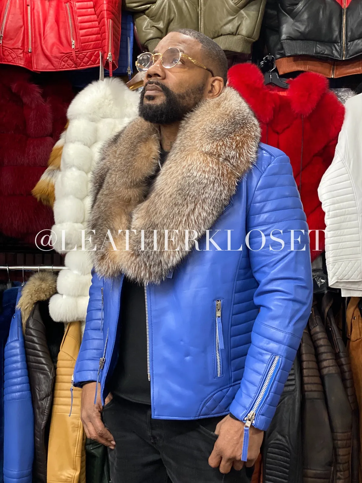 Men's Jay Biker Royal Blue With Full Fox Fur Collar