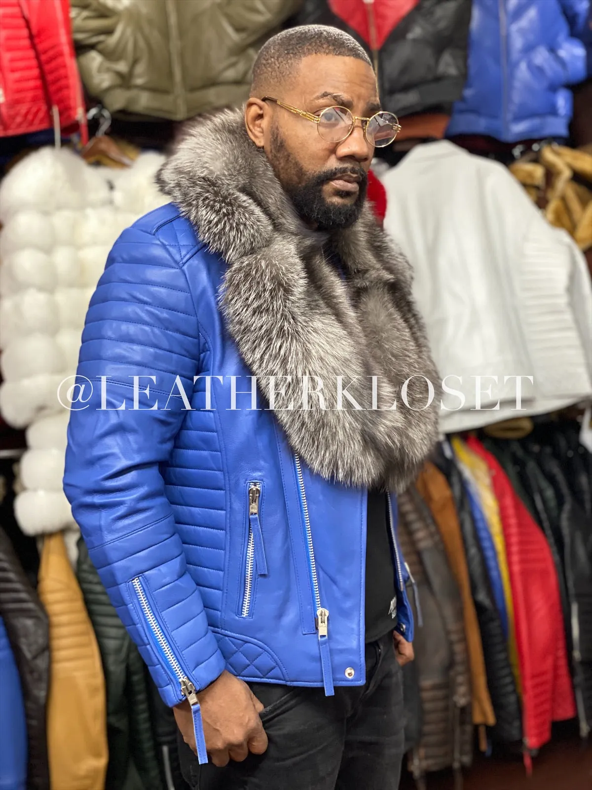 Men's Jay Biker Royal Blue With Full Fox Fur Collar