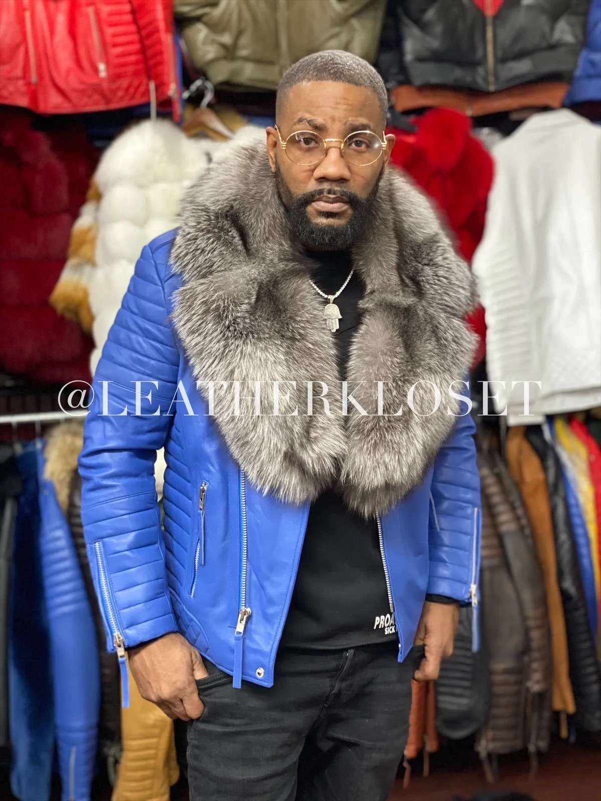 Men's Jay Biker Royal Blue With Full Fox Fur Collar