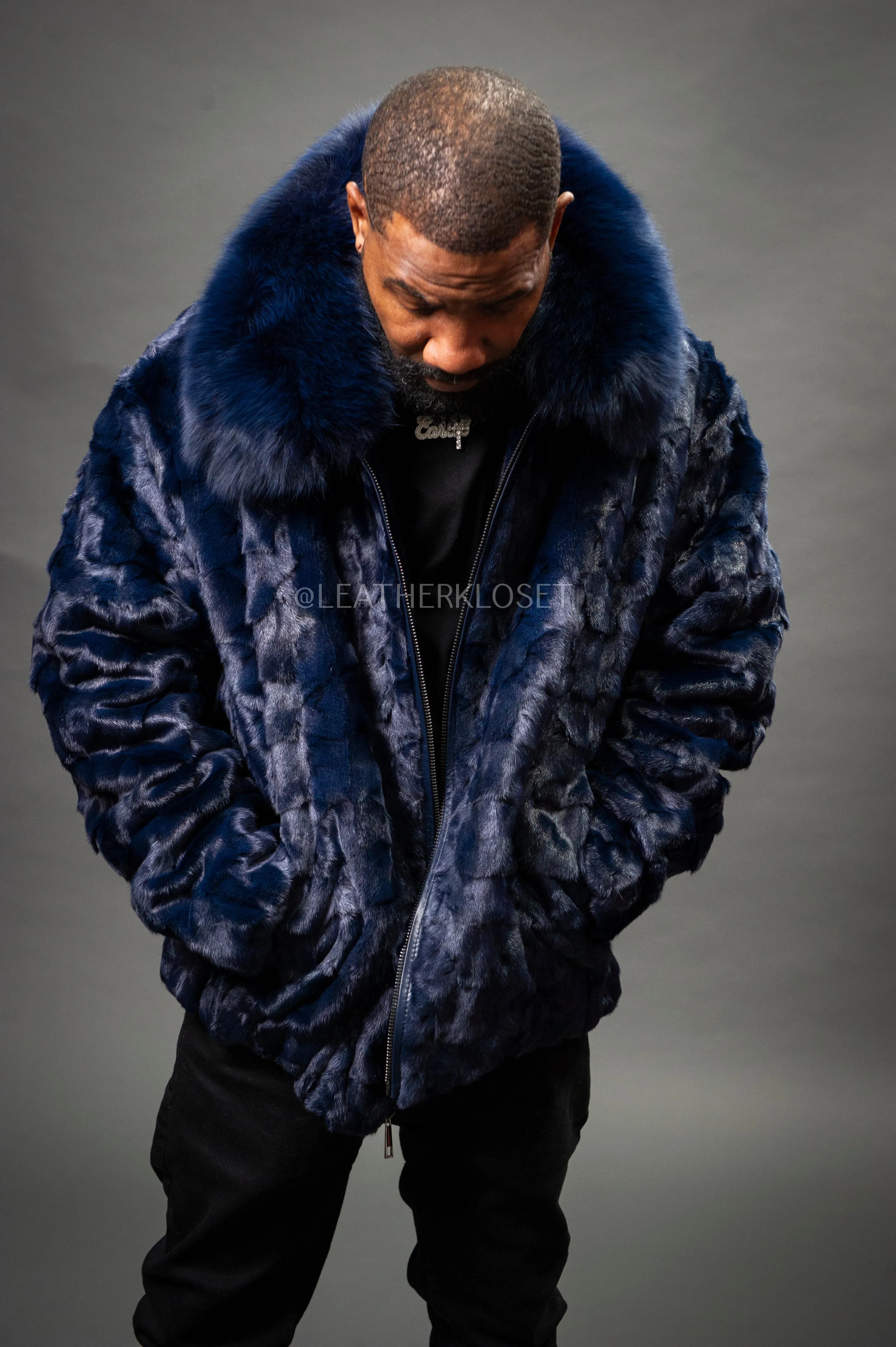 Men's Mink with Fox Fur Bomber Jacket [Navy Blue]